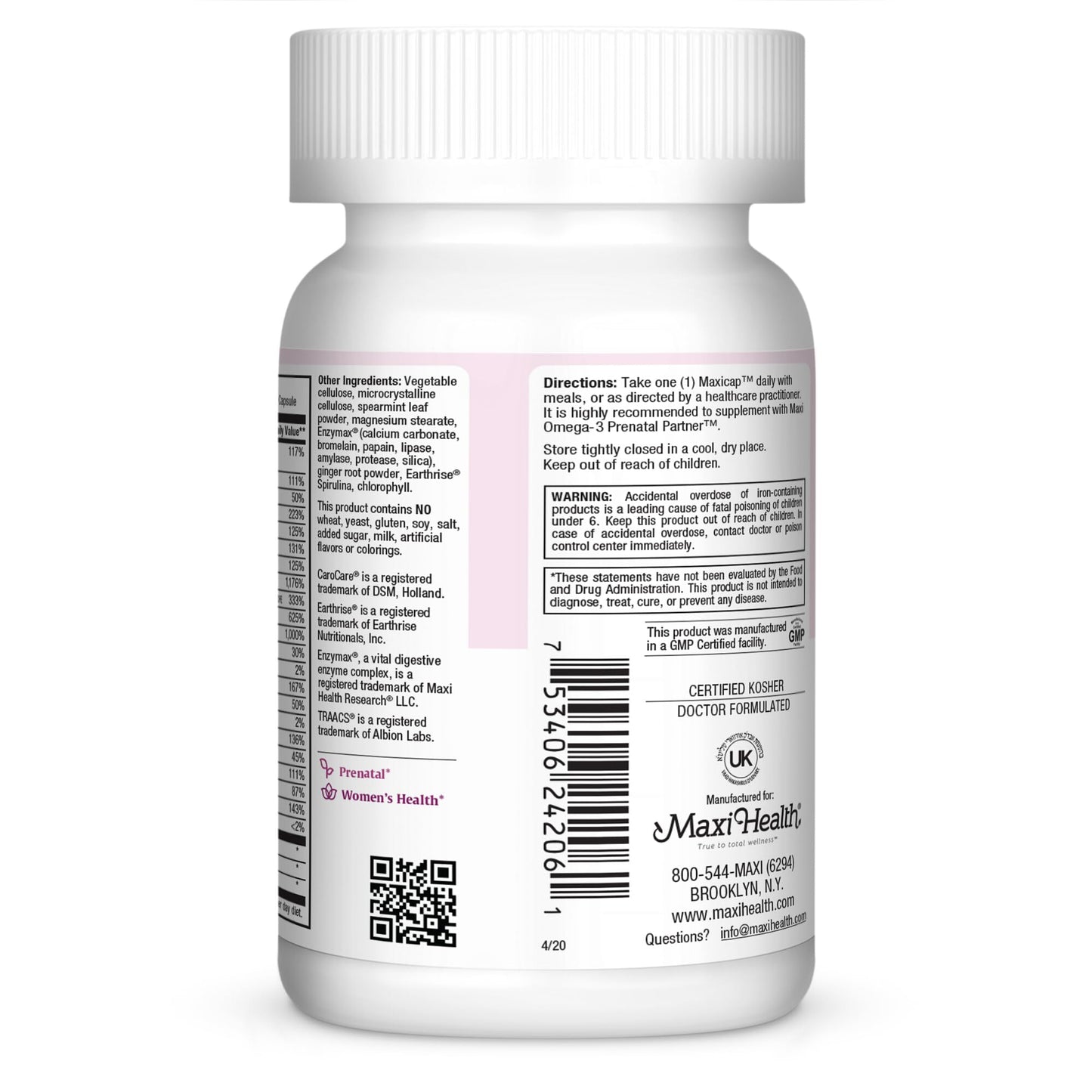 Maxi Health Prenatal Vitamins for Women – Complete Pregnancy Multivitamin with Folic Acid, Iron, Vitamin D3, B12, Zinc & Biotin – Daily Prenatal Support Before, During & After Pregnancy 120 Capsules