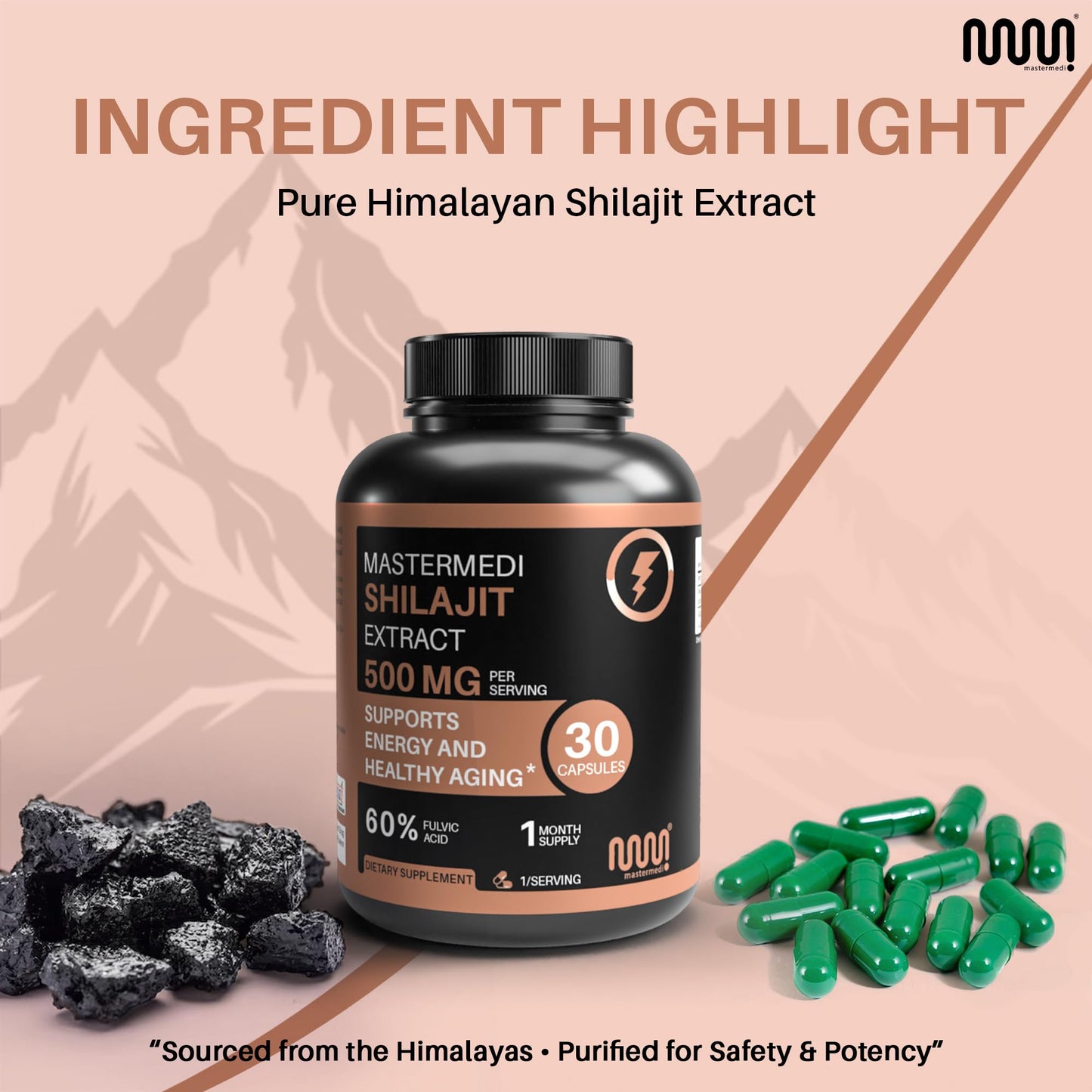 MasterMedi Shilajit 500mg Himalayan Extract Standardized to Fulvic Acid Energy, Stamina & Vitality Support, 30 Capsules