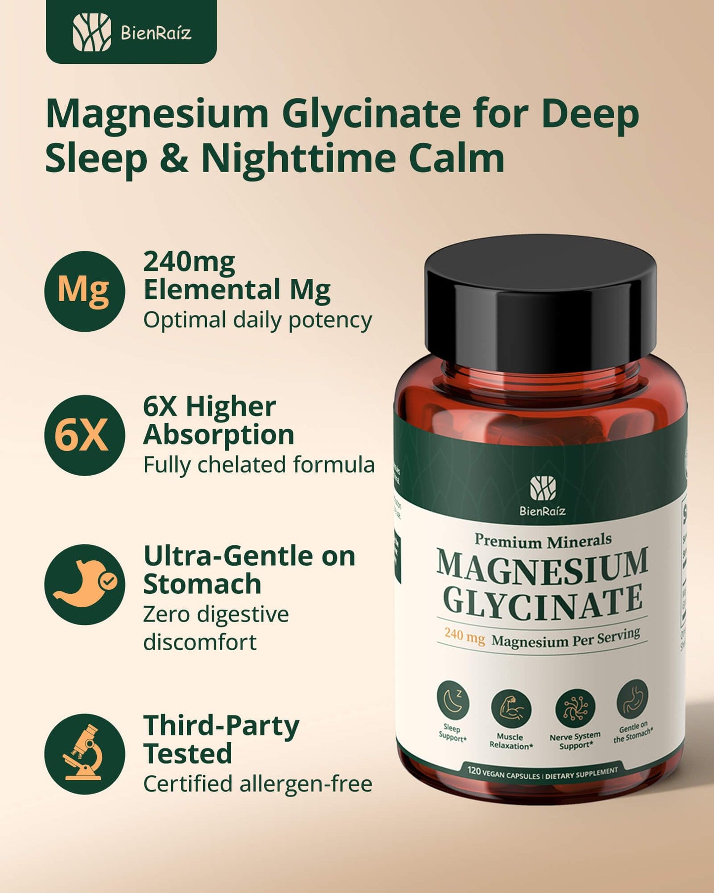 BienRaíz Magnesium Glycinate Supplement Capsules, 120 Capsules