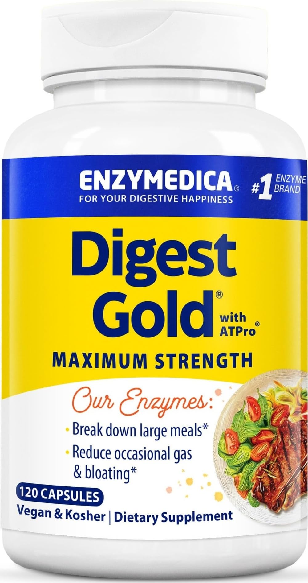 Enzymedica Digest Gold + ATPro, Maximum Strength Enzyme Formula, 14 Key Enzymes Including Amylase, Protease, Lipase and Lactase, 120 Capsules