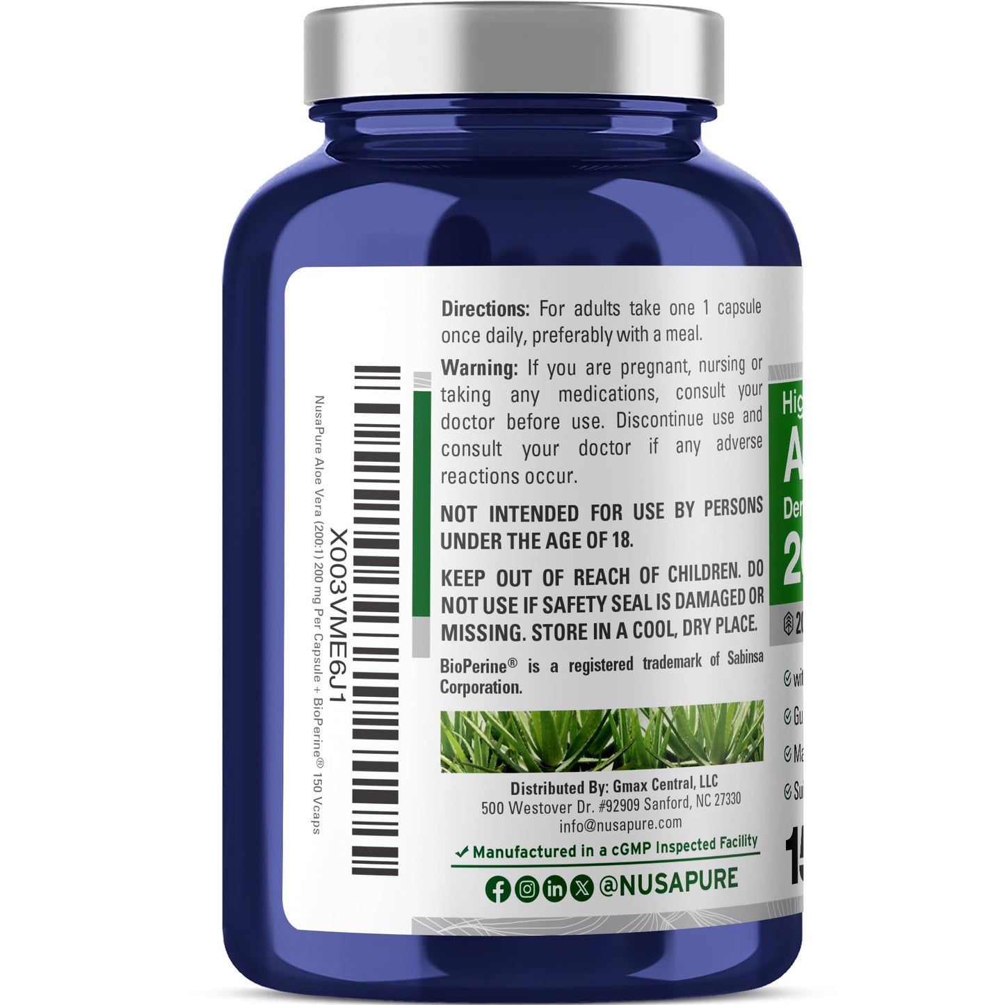 NusaPure Aloe Vera 200 mg Capsules, 150 Count