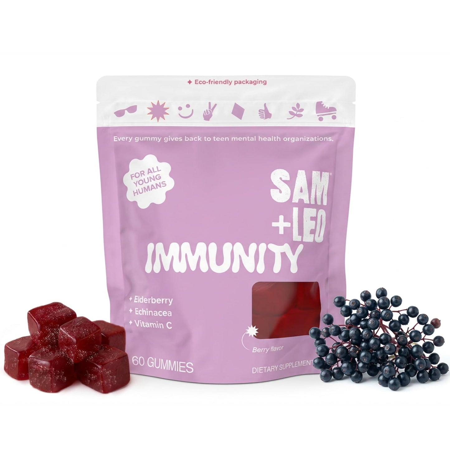 SAM+LEO Immunity Gummies with Elderberry, Echinacea, Zinc & Vitamin C – 60 Count