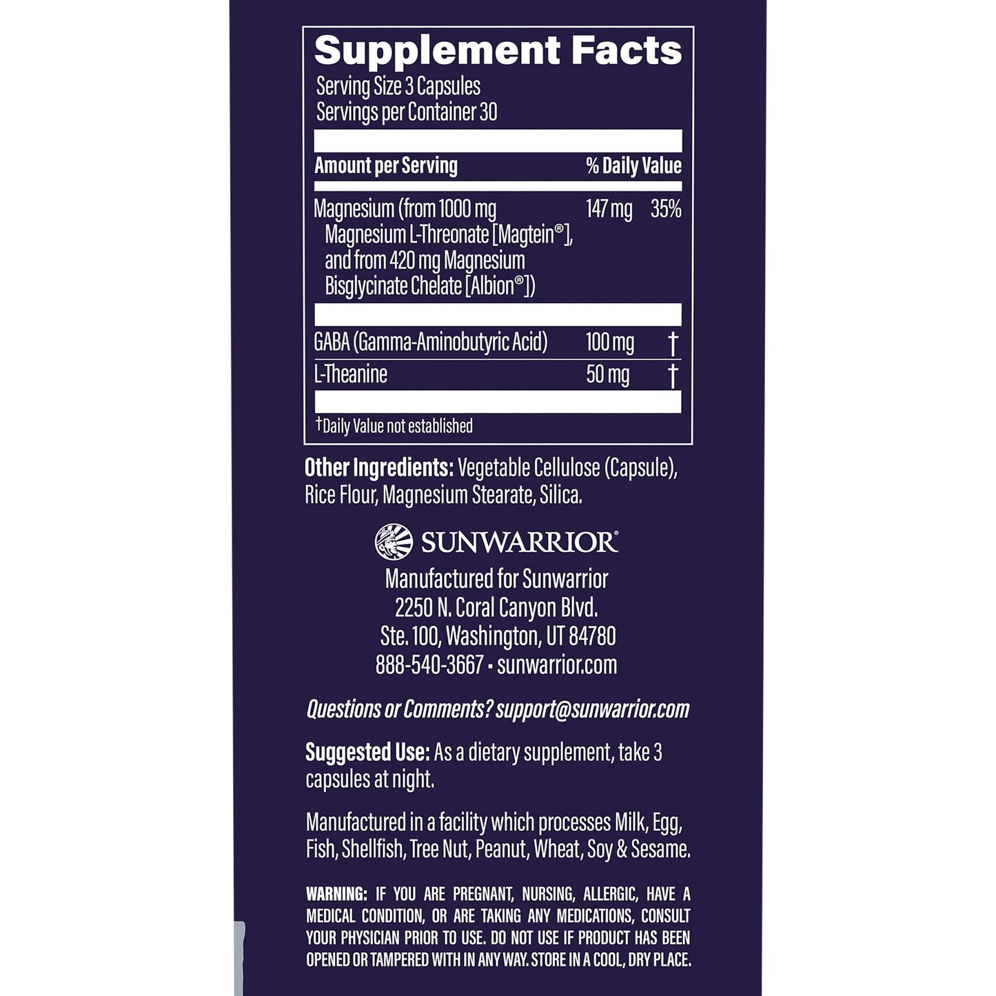 Sunwarrior Magnesium Supplement L-Theanine Capsules 90 Count