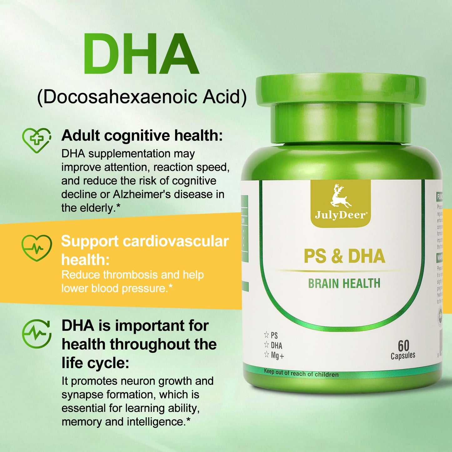 JulyDeer Magnesium-100mg, DHA-100mg, Phosphatidylserine-40mg Magnesium Complex Supplements for Brain Health and Cognitive Support, 60 Capsules