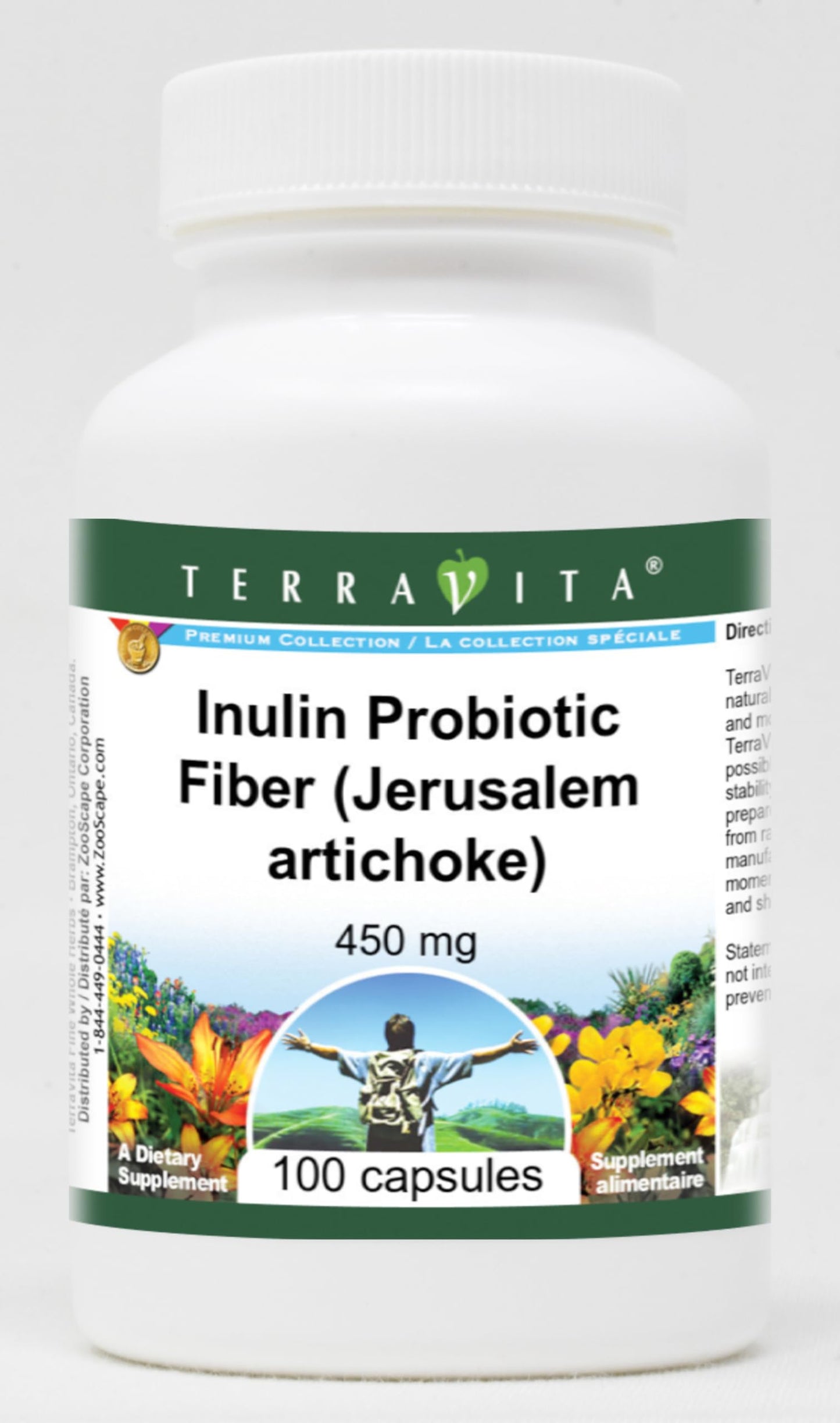Terravita Inulin Probiotic Fiber (Jerusalem Artichoke) - 450 mg, 100 Capsules