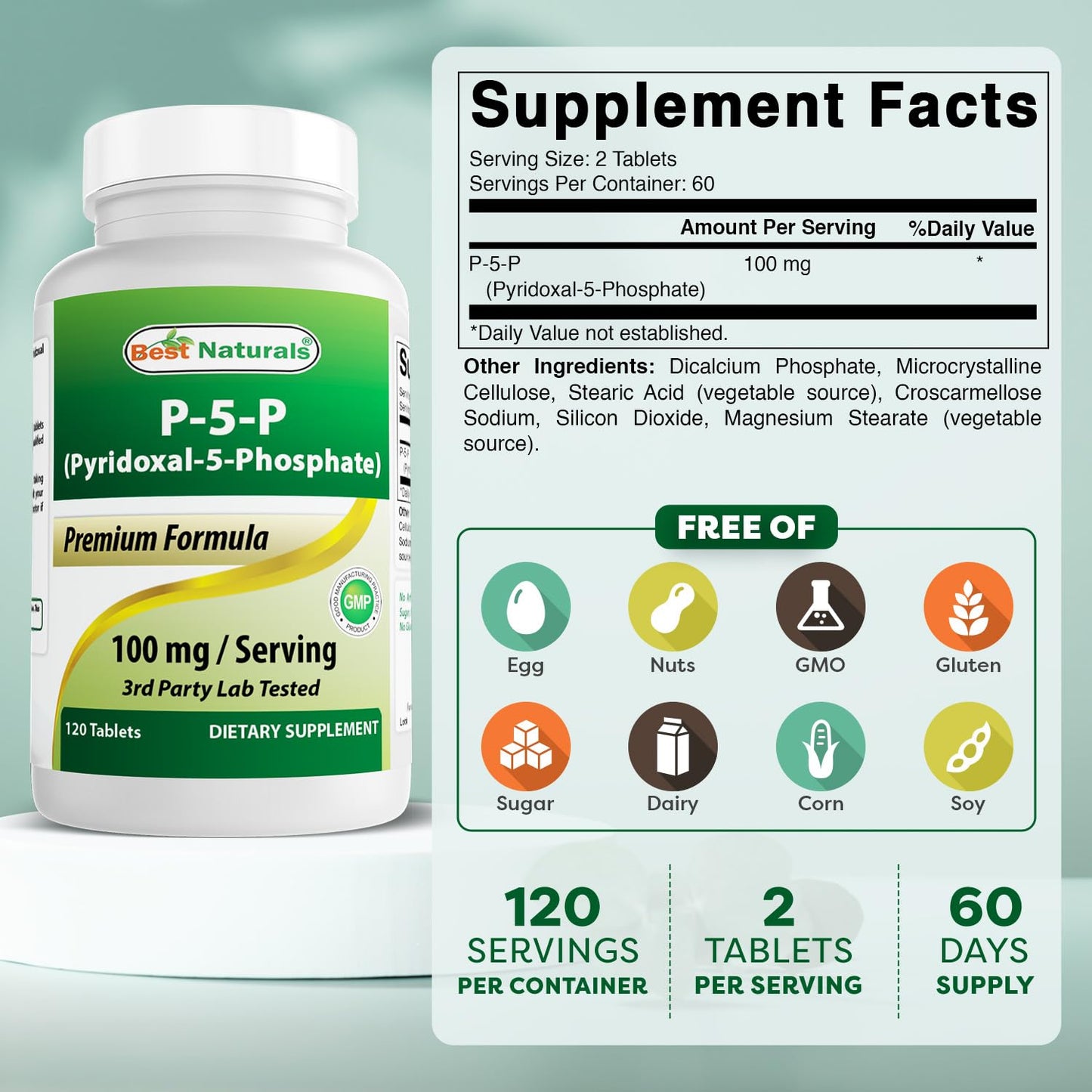 Best Naturals P5P Vitamin B6 (Pyridoxal 5 Phosphate) 100 mg/Serving Tablets, 240 Tablets