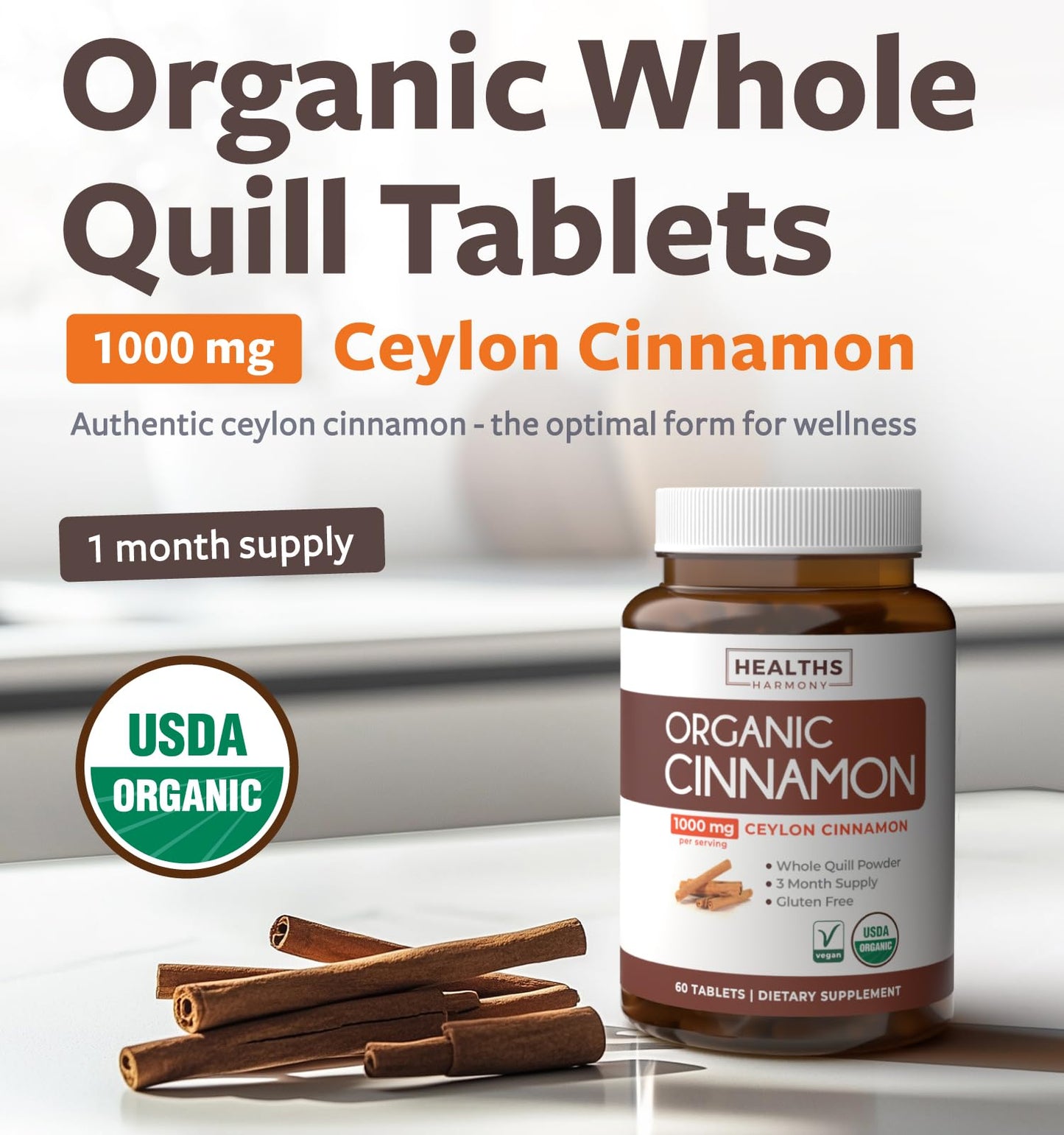 Healths Harmony USDA Organic Ceylon Cinnamon Tablet 60 Count