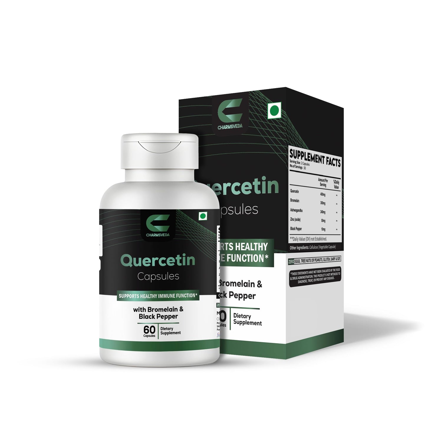 CHARMSVEDA Quercetin Capsules with Bromelain, Ashwagandha & Zinc – Herbal & Immune Support, Overall Wellness & Immune Support* – 60 Vegan Capsules