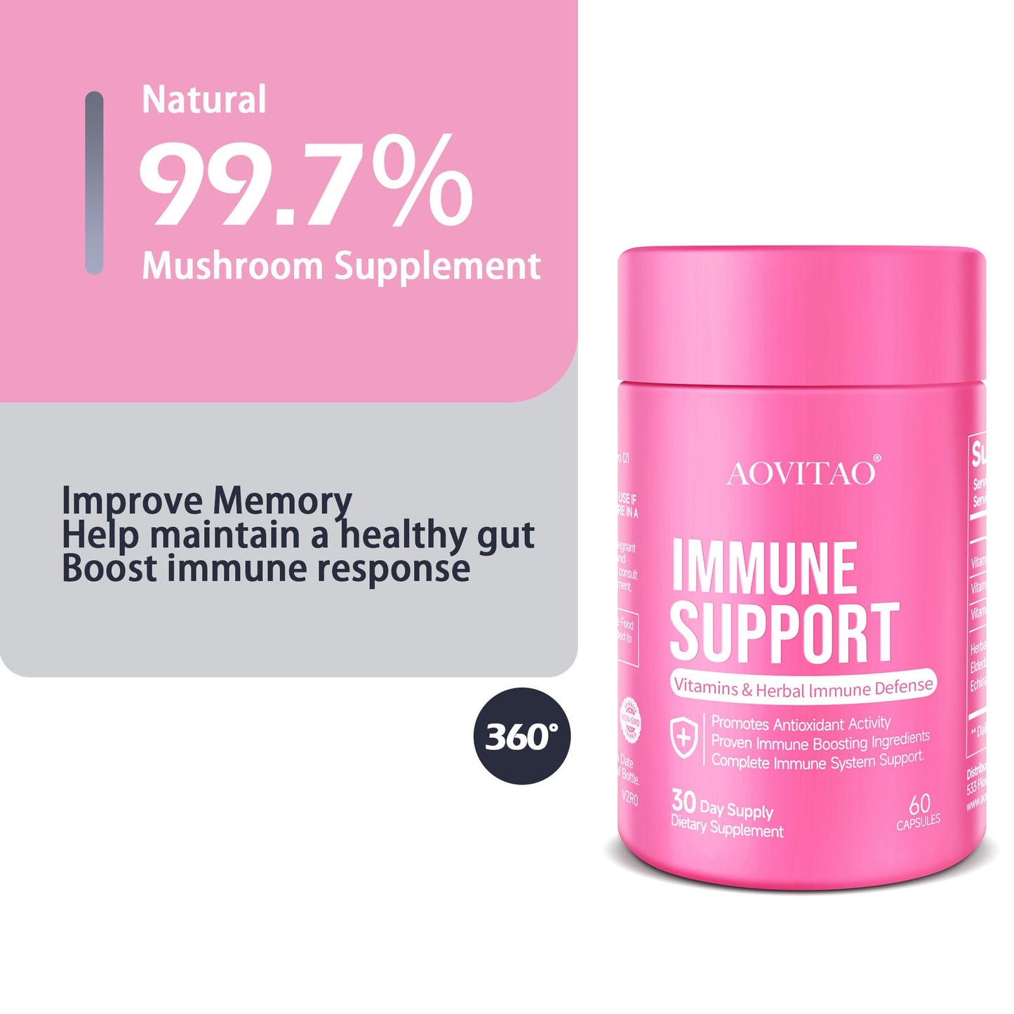 AOVITAO Immune Support Mushroom with Lion's Mane & Reishi Cognitive Support Capsules 60
