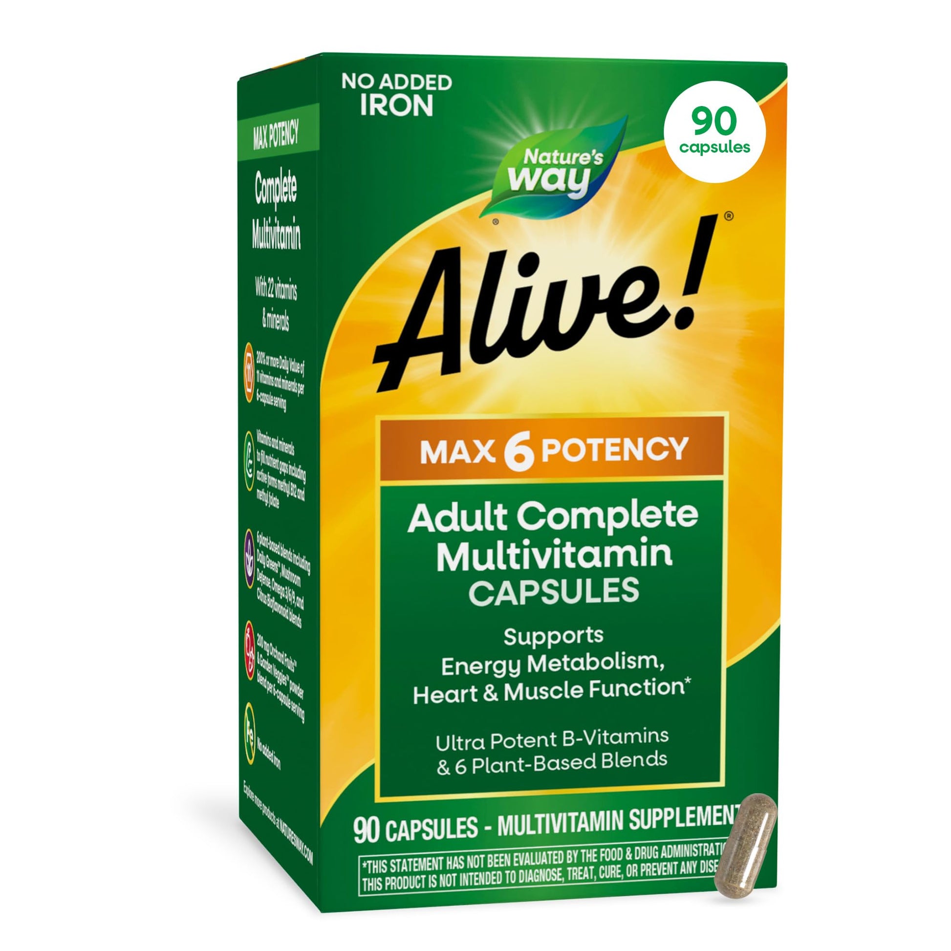 Nature's Way Alive! Max6 Potency Adult Complete Multivitamin, No Iron, 90 Capsules