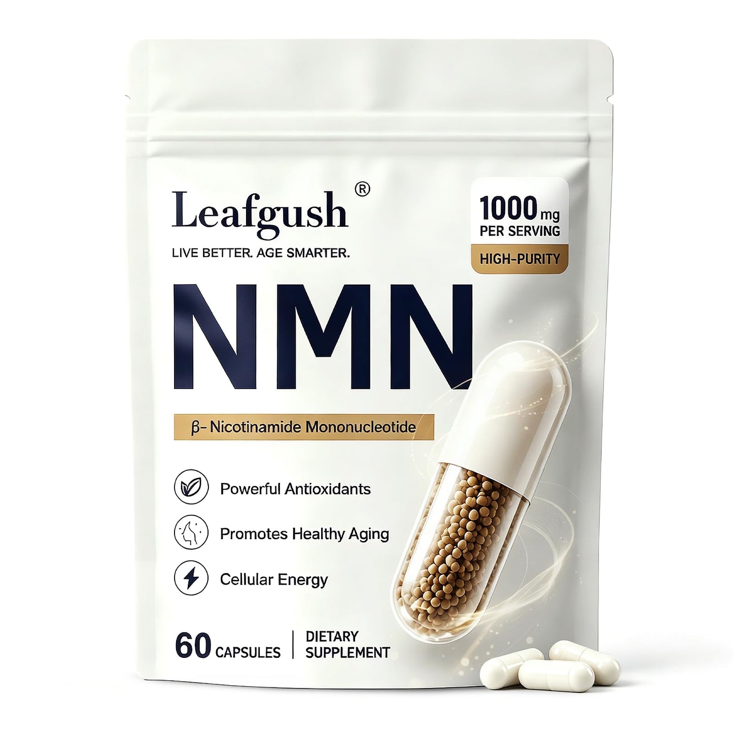 Leafgush NMN Supplement 1000mg NAD+ Precursor with TMG 300mg & Grape Seed Extract 100mg, Nicotinamide Mononucleotide for Cellular Energy & Healthy Aging, Advanced 3-in-1 Daily Formula, Capsules 90 Count