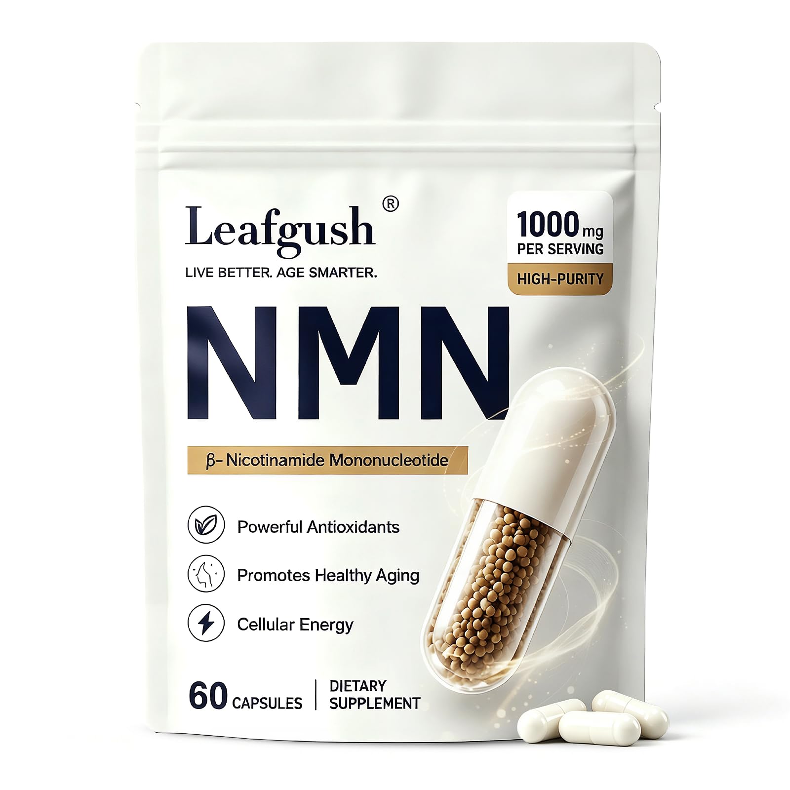 Leafgush NMN Supplement 1000mg NAD+ Precursor with TMG 300mg & Grape Seed Extract 100mg, Nicotinamide Mononucleotide for Cellular Energy & Healthy Aging, Advanced 3-in-1 Daily Formula, Capsules 90 Count