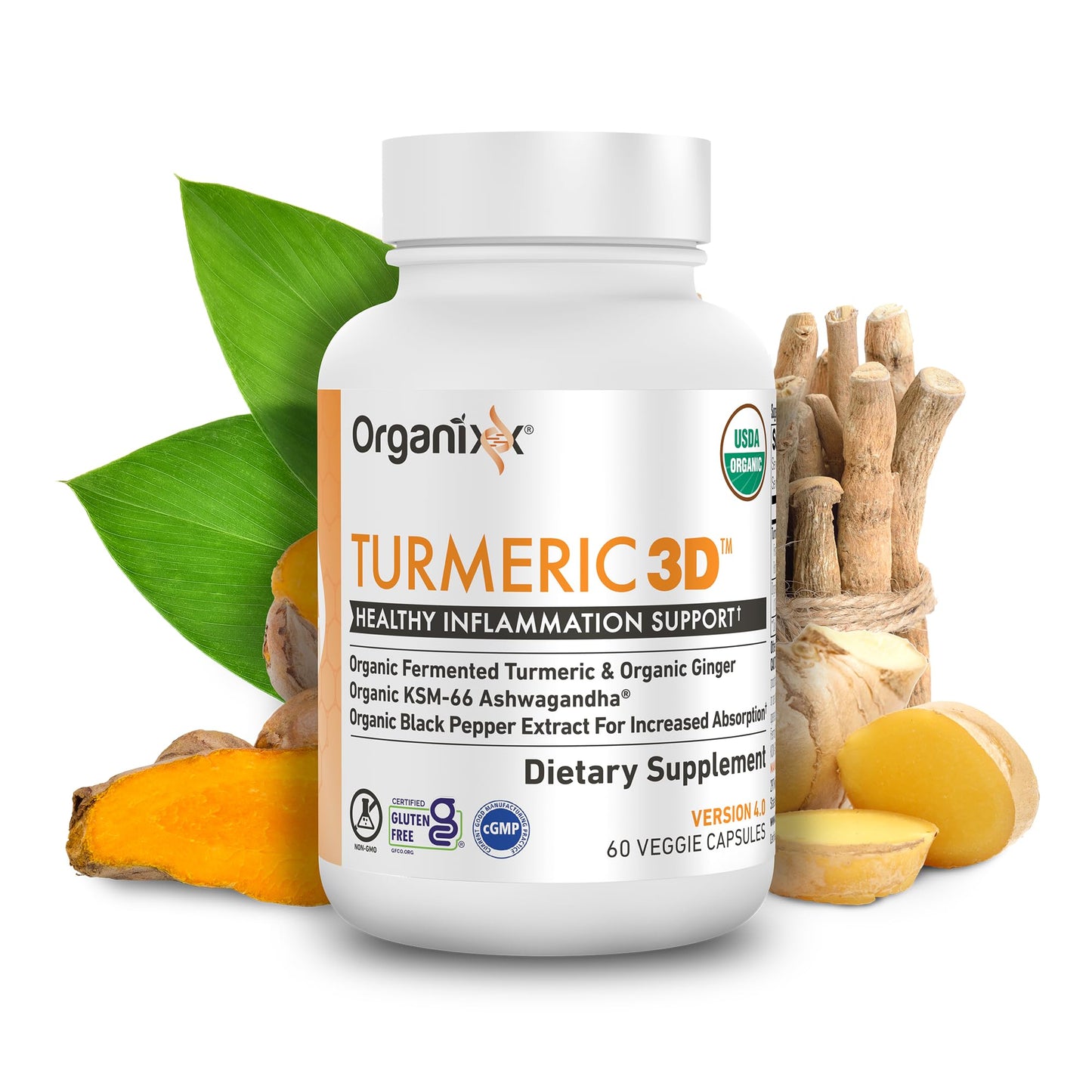 Organixx USDA Organic Turmeric Curcumin Supplement with Ashwagandha, Vitamin D, Turmeric & Ginger – Fermented for Maximum Bioavailability, Capsule, 90 Count