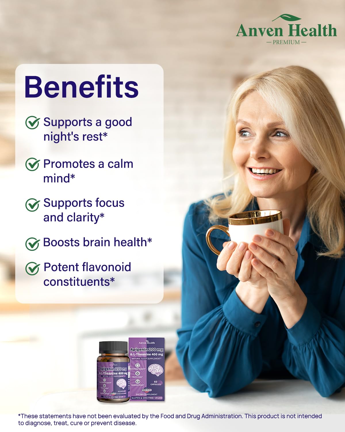 Anven Health L-Theanine Apigenin Sleep Relaxation Supplement 180 Capsules