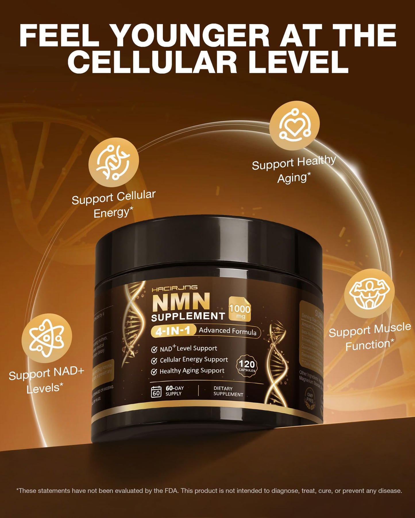HACIRJNG NMN Supplement, 4-in-1 Liposomal NMN 1000mg with Resveratrol, TMG & Quercetin, 120 Capsules