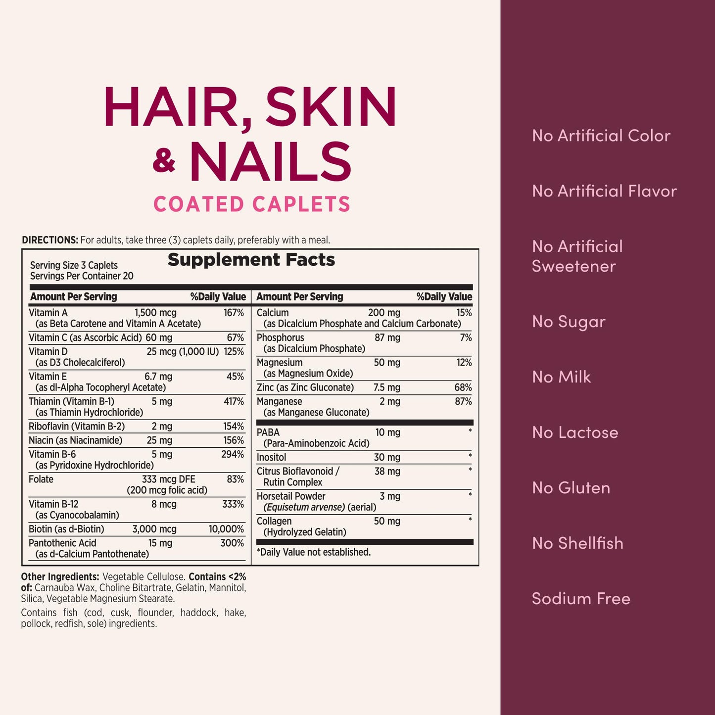Nature's Bounty Optimal Solutions Hair, Skin & Nails Formula Caplets 60 Count, Biotin 3000 mcg