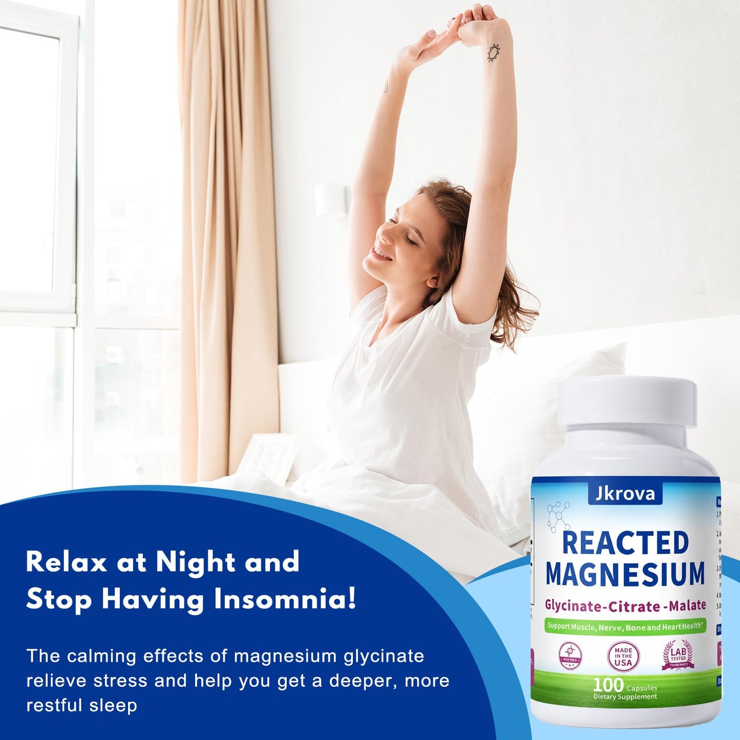 Jkrova Reacted Magnesium & Potassium - High Absorption Magnesium Supplement with Magnesium Citrate, Glycinate, Malate Capsule, 100 Capsules