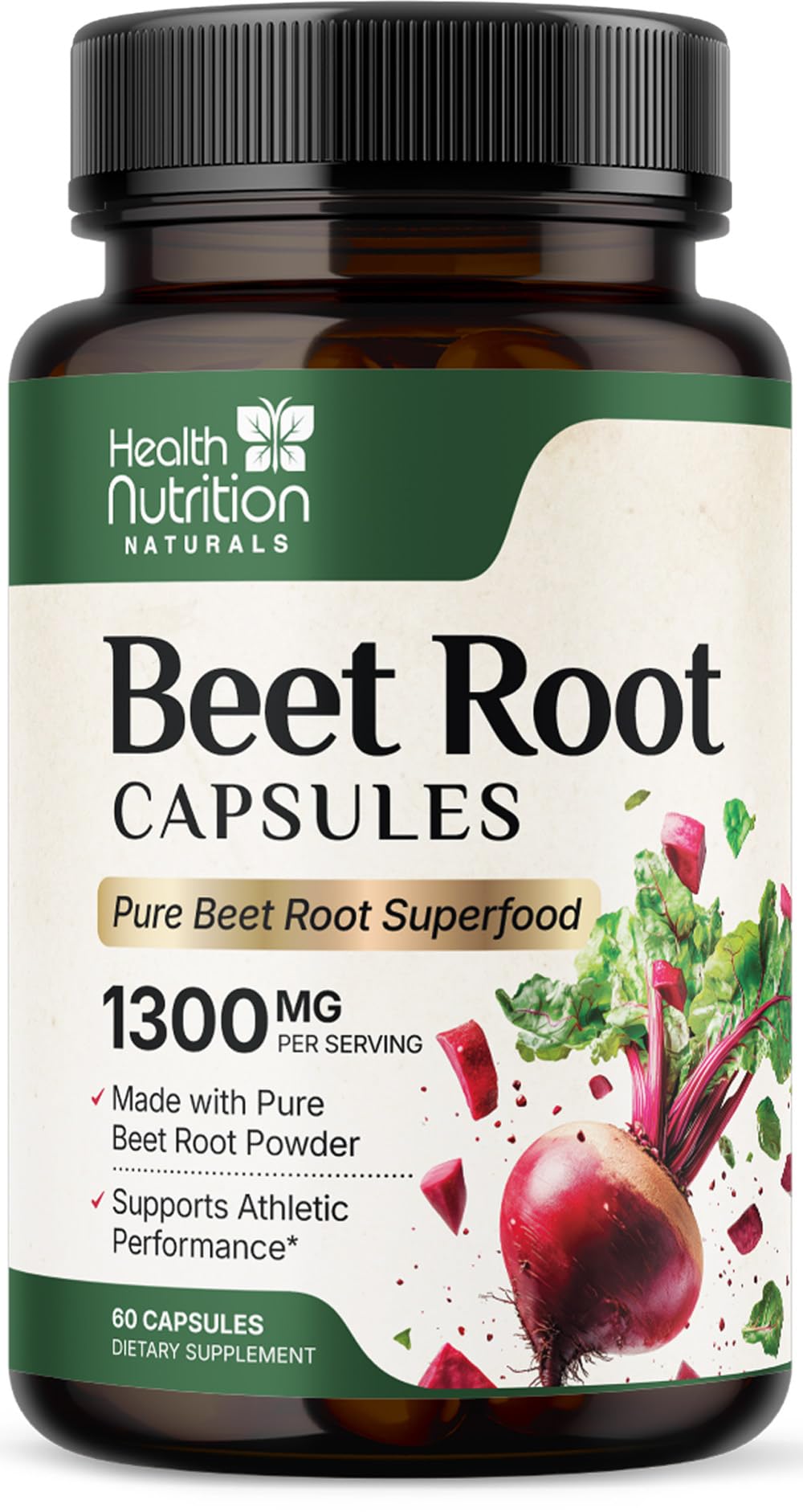 Health Nutrition Naturals Organic Beetroot Powder 1300mg per Serving Capsules, 60 Capsules