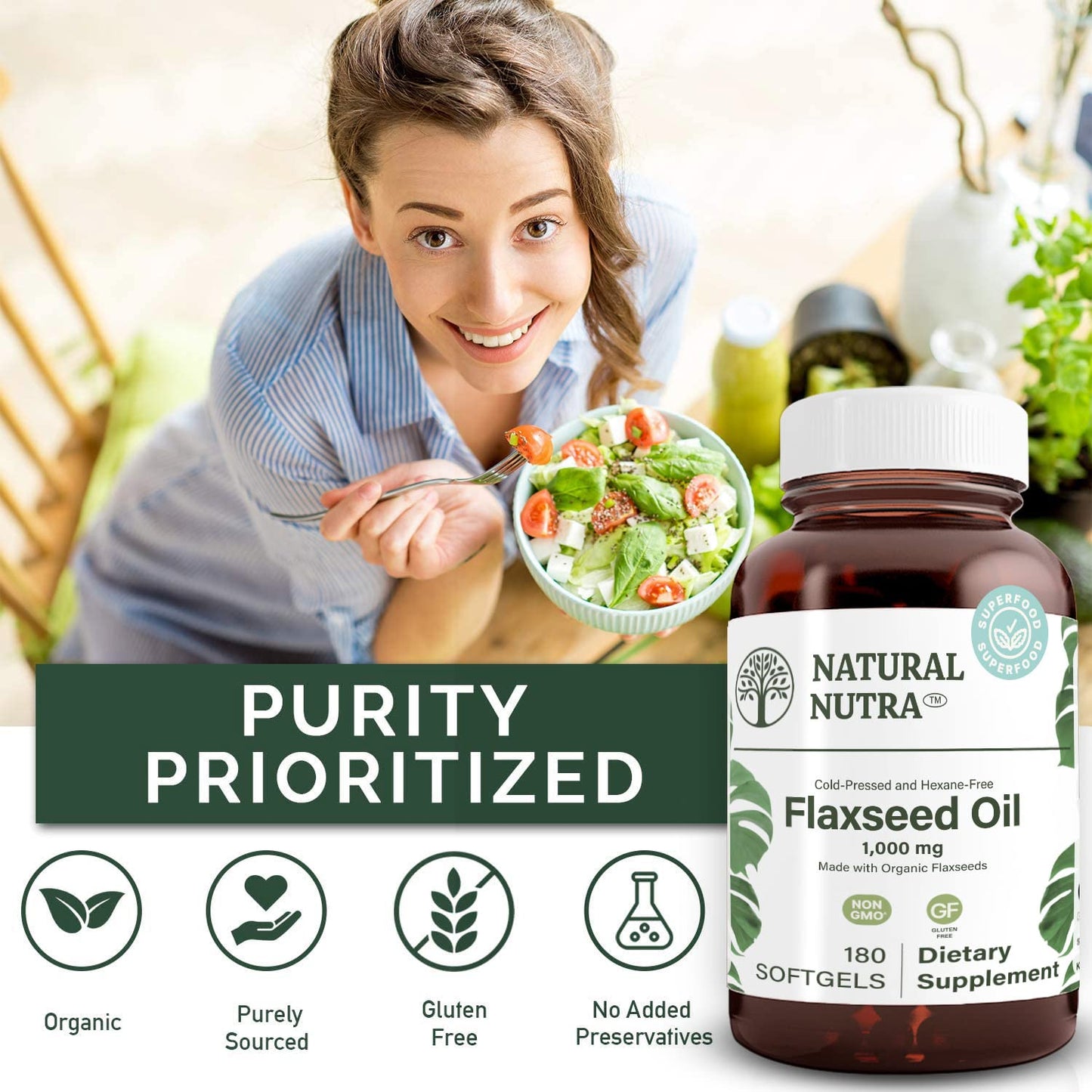 Natural Nutra Organic Flaxseed Oil Softgels, Omega 3 6 9, 1000 mg, 180 Capsules
