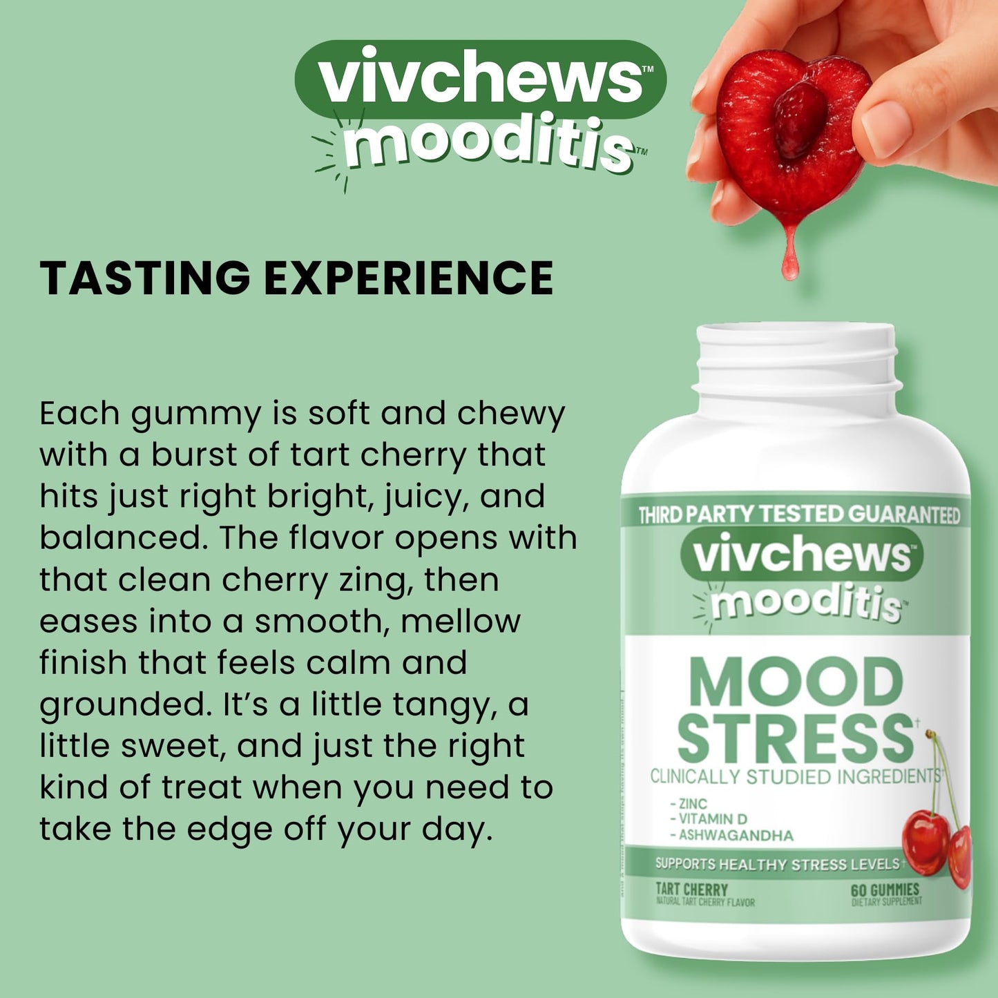 vivchews Mood & Stress Gummies Zinc, Vitamin D & Ashwagandha for Calm & Emotional Balance, Tart Cherry Flavor, Non-GMO, 60 Gummies