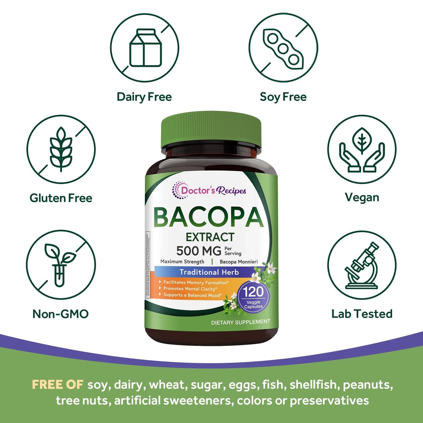 Doctor's Recipes Bacopa Monnieri High Potency Bacopa Supplement 500 mg Non-GMO Support Brain Health, Cognitive Function, Memory, Focus & Calm 120 Capsules