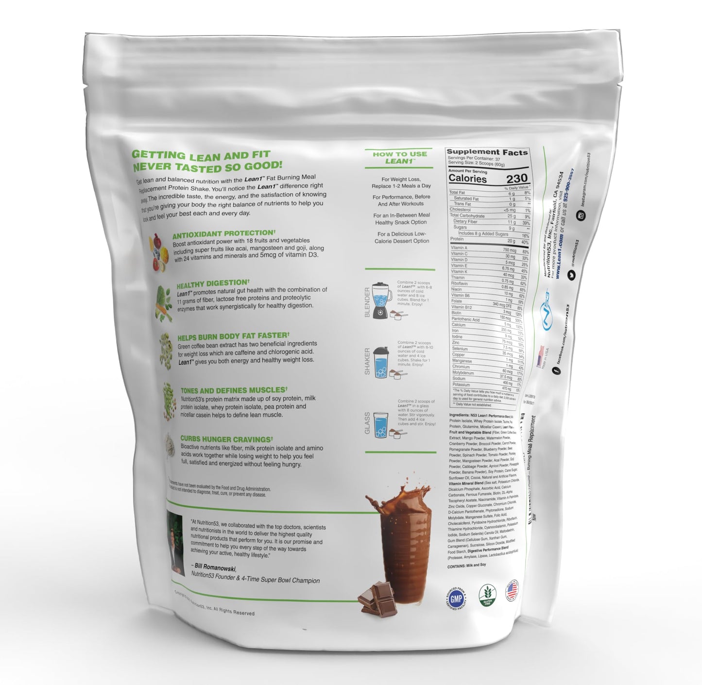 LEAN1 Chocolate Meal Replacement Protein Shake Powder 80 Ounces