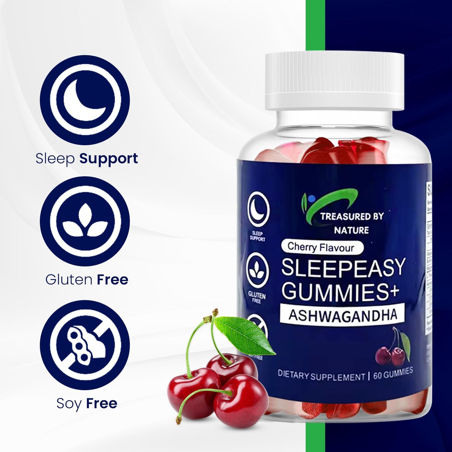 Treasured by Nature Sleep Easy Gummies Melatonin-Free Nighttime Relaxation Aid with Ashwagandha, Magnesium Citrate & L-Theanine Calming Stress Relief Supplement 60 Count