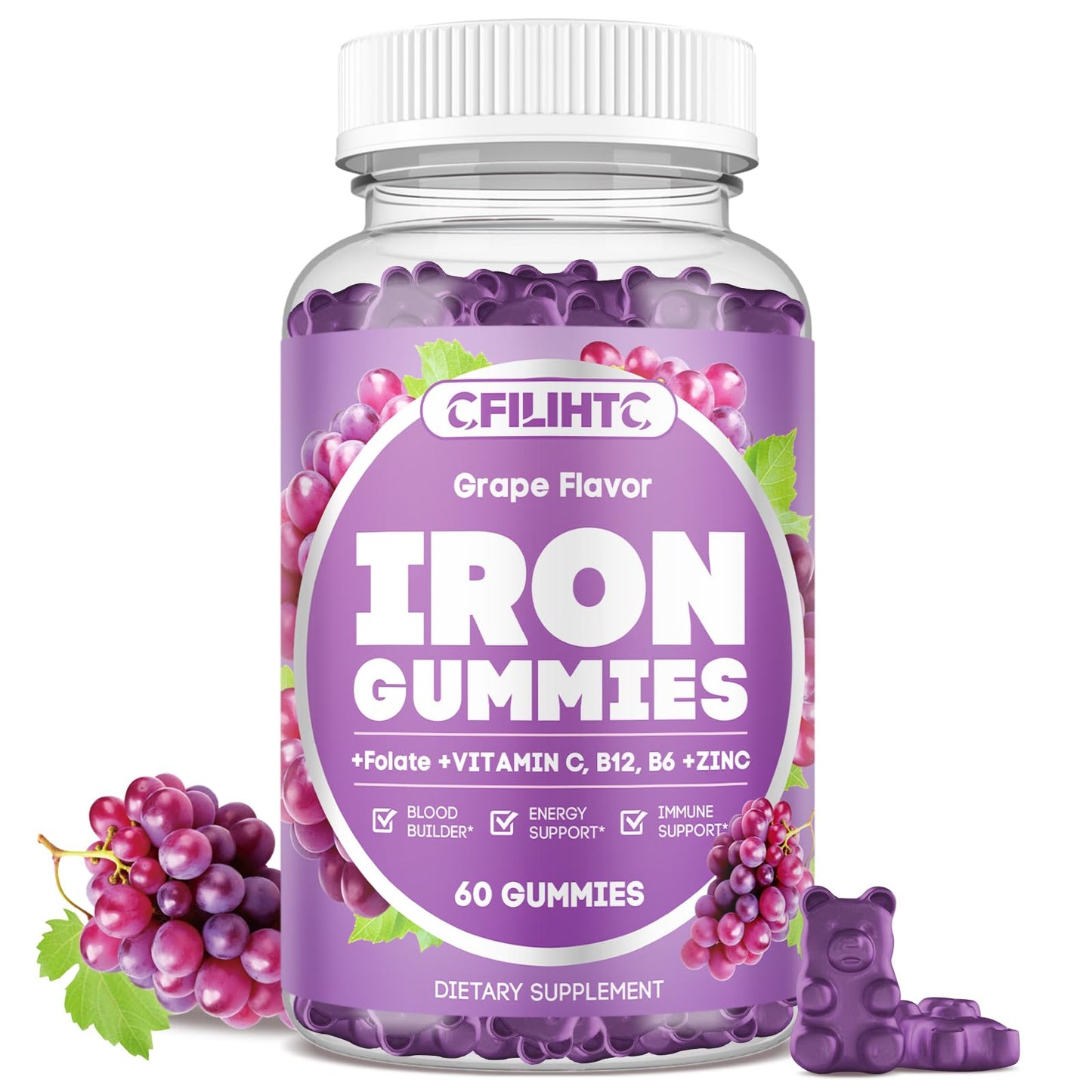 CFILIHTC Iron Gummies with Vitamin B6, B12, C, Zinc, Folate 60 Count