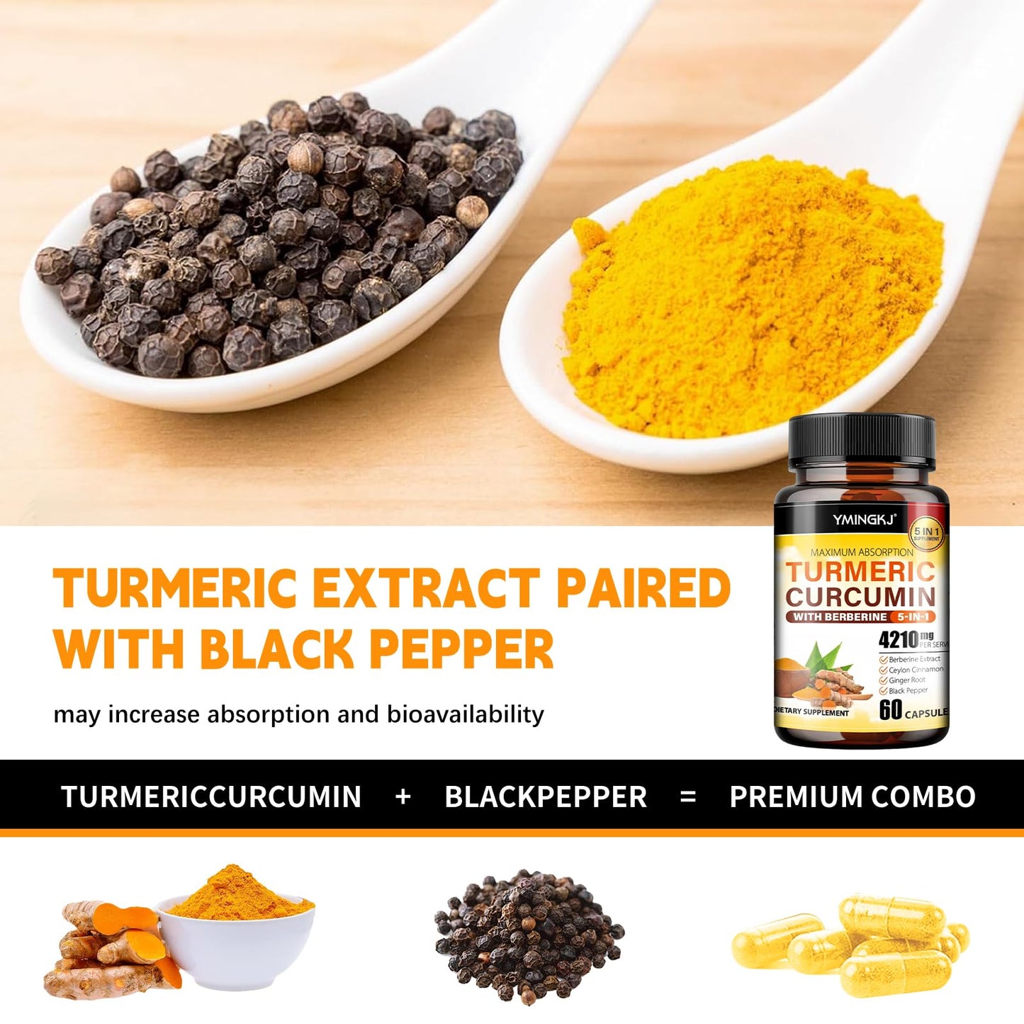 YMINGKJ Turmeric Curcumin Supplement with Black Pepper & Bioactive Botanicals (Turmeric, Ginger, Berberine, Ceylon Cinnamon) – Premium Daily Wellness Support Capsules 180