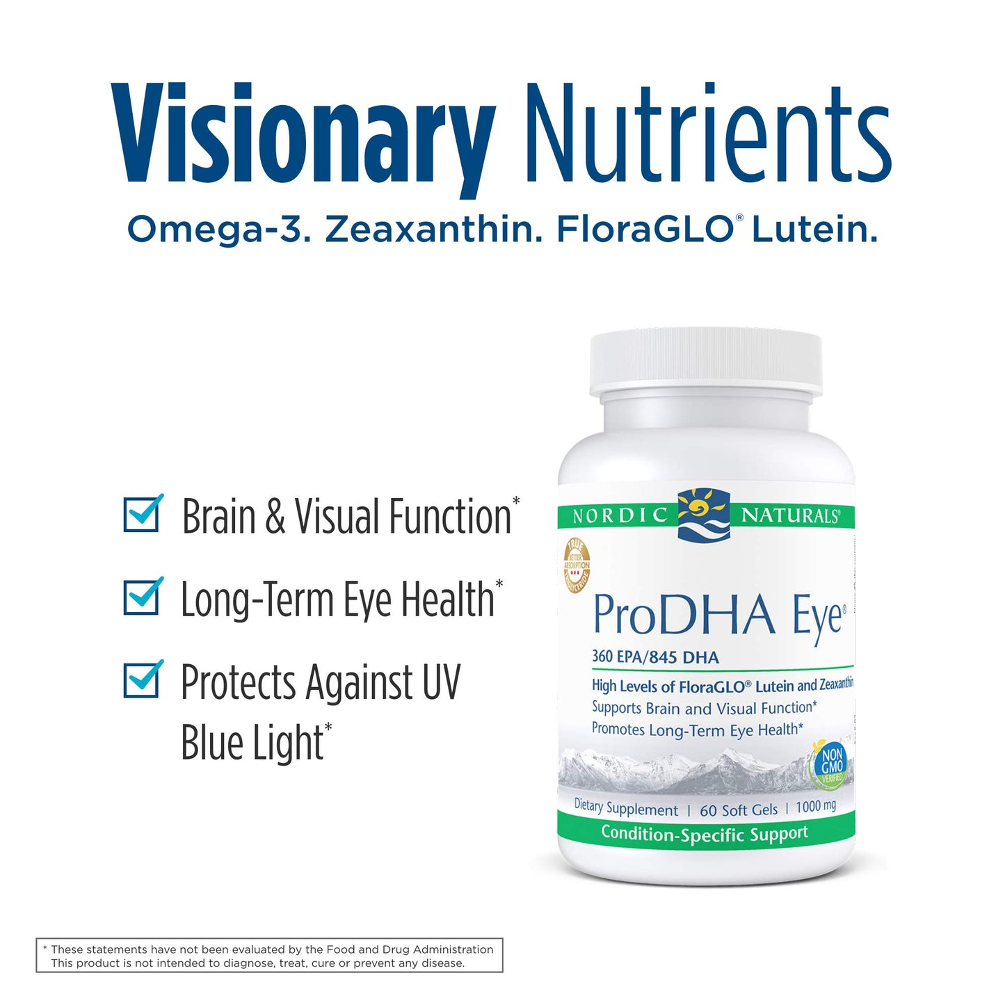 Nordic Naturals ProDHA Eye - Fish Oil, 360 mg EPA, 845 mg DHA, 20 mg FloraGLO Lutein, 4 mg Zeaxanthin, Support for Neurological Function and Long-Term Eye Health*, Softgel, 60 Soft Gels
