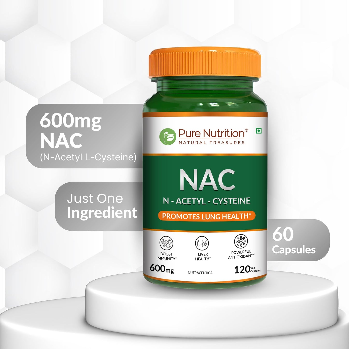 PURE NUTRITION NATURAL TREASURES NAC (N-Acetyl L-Cysteine) 600mg Veg Capsules, 120 Count