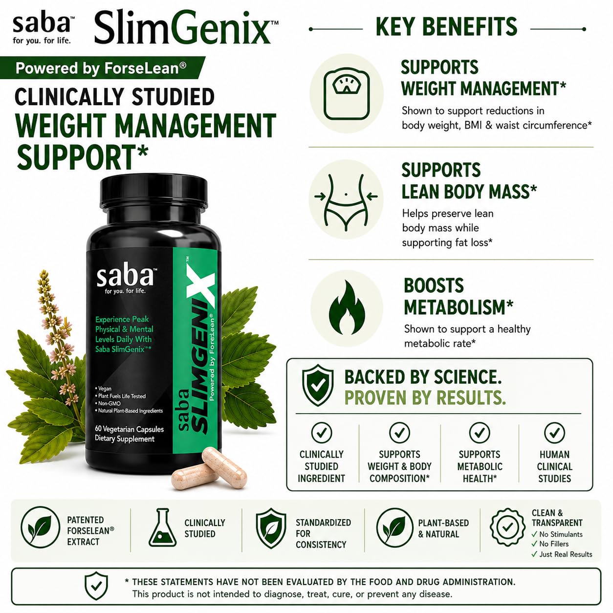 Saba SlimGenix Thermogenic Metabolism & Belly Fat Burning with CapsiMax®, ForsLean® & Chromium, 60 Capsules