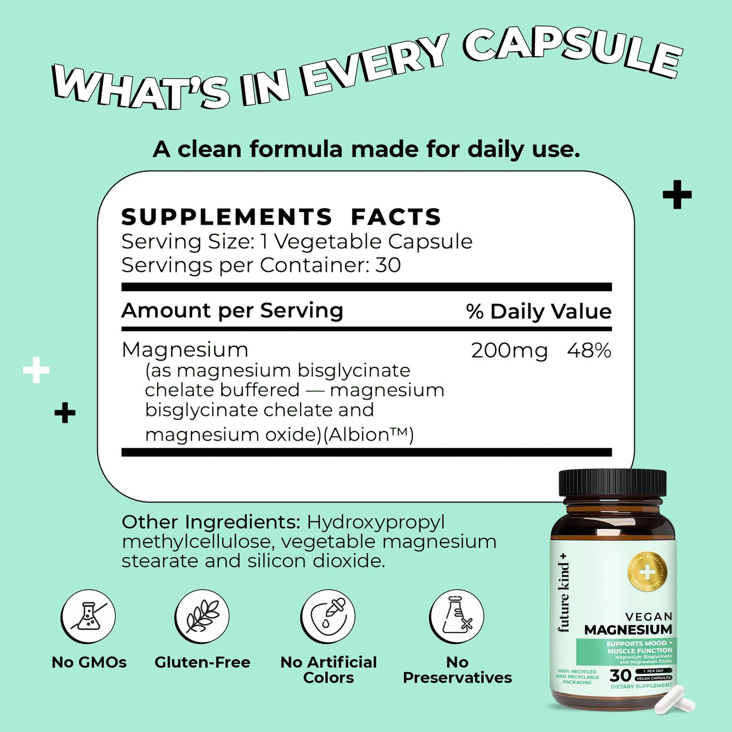Future Kind 200mg Chelated Magnesium Glycinate Supplement Capsule, 30 Capsules