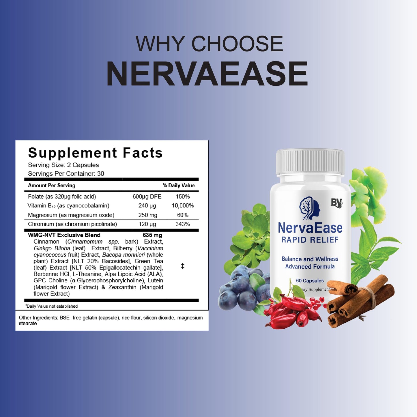 BLUE VIBE NervaEase Premium Health & Wellness Nootropic Capsule, 180 Capsules