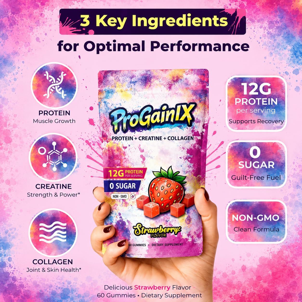 ProGainIX Protein Gummies - 3 in 1 formula with 12g Protein, Creatine Monohydrate & Collagen Peptides - Strawberry Flavor, Zero Sugar, 60 Gummies