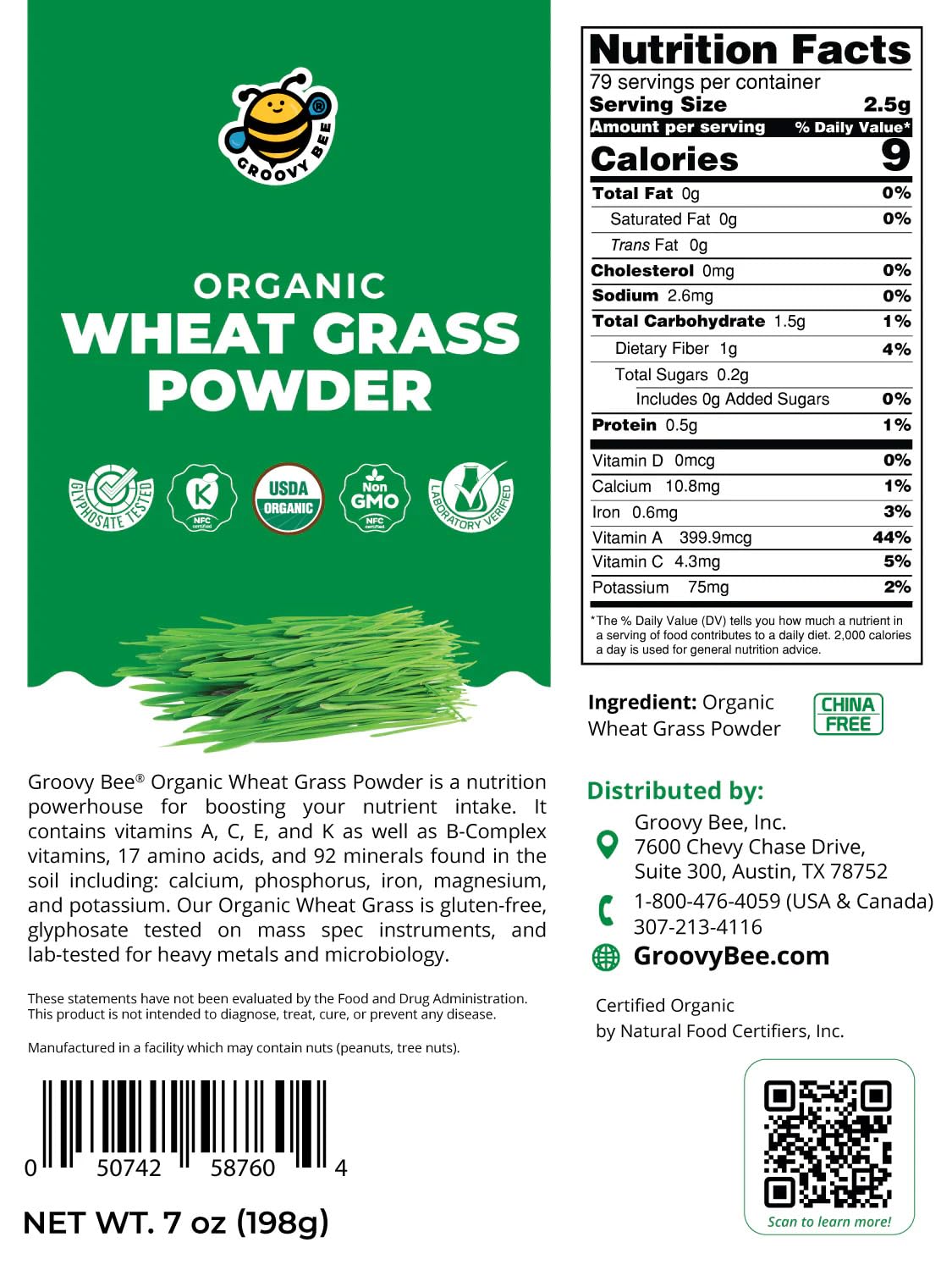 GROOVY BEE Organic Wheat Grass Powder 7 oz