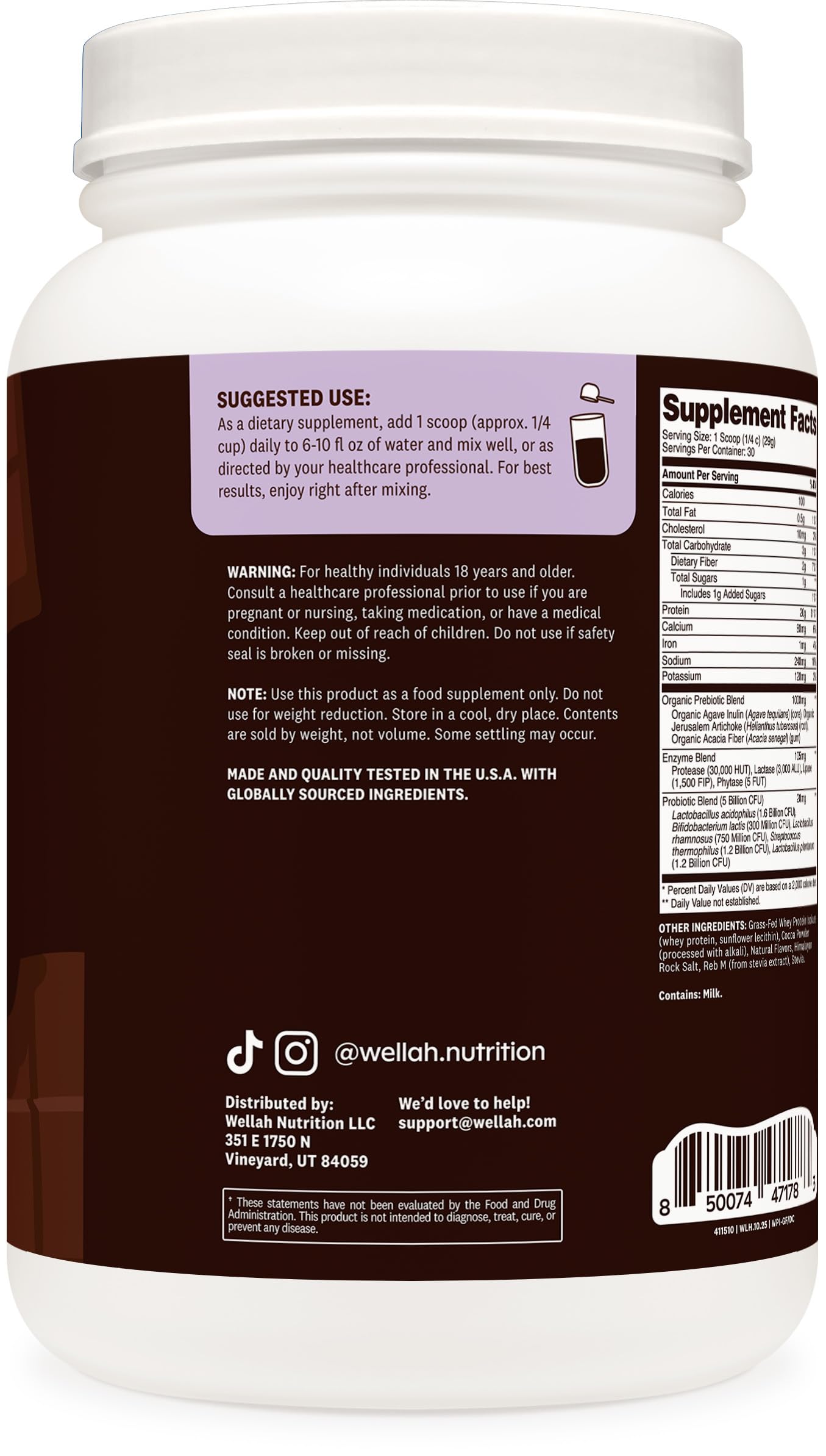Wellah Grass-Fed Whey Protein Isolate Powder (Dark Chocolate) 31.1 oz