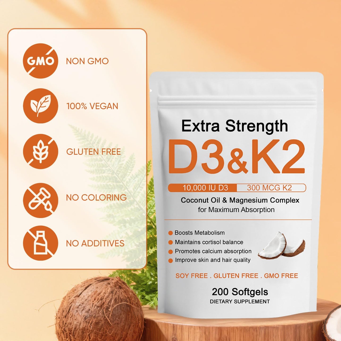 WDVNEX D3 K2 Vitamin 10000 IU Magnesium Complex Softgels, 200-Count