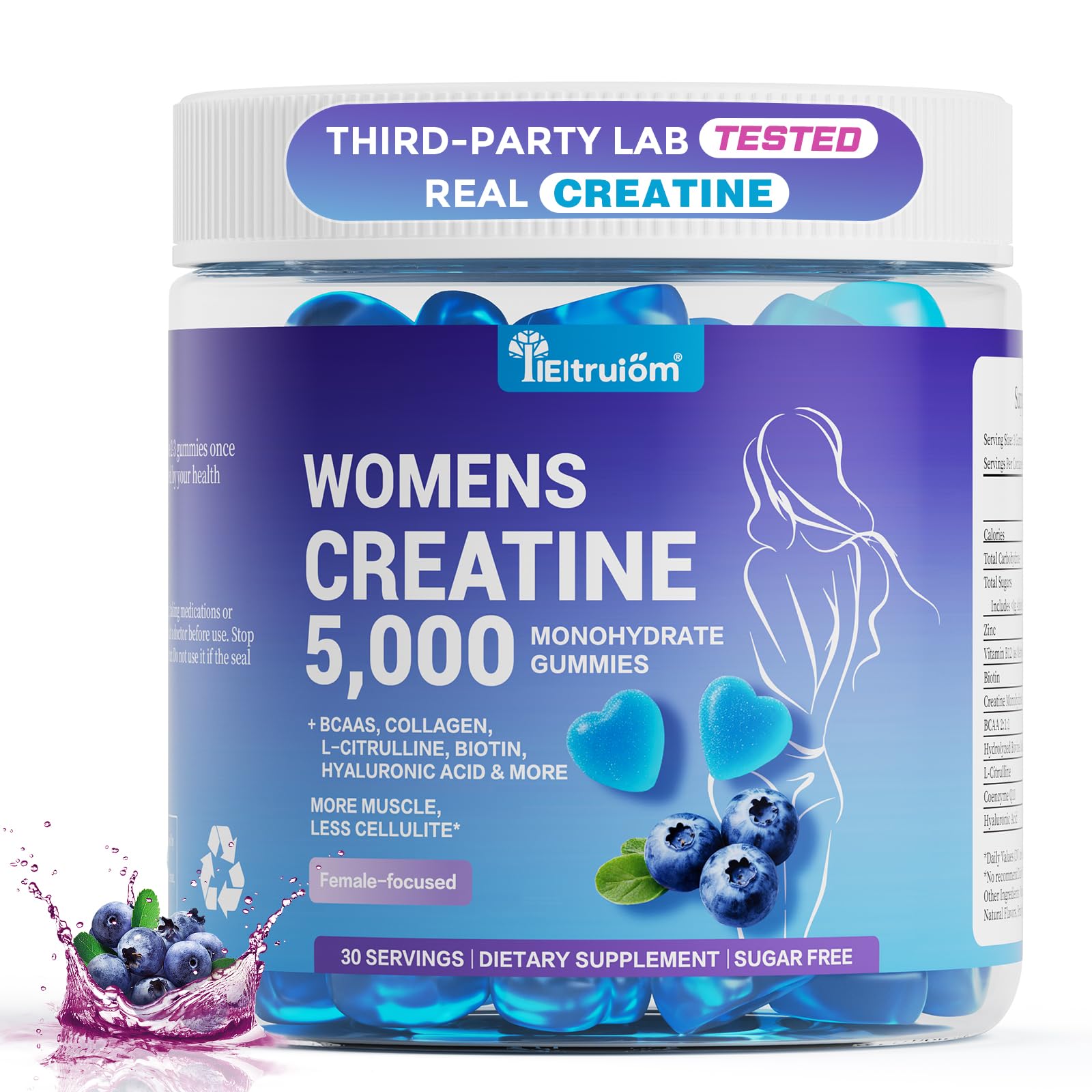 IIEltruiom Creatine Gummies for Women 5000mg, Sugar Free Creatine Monohydrate Chews with Collagen & BCAA, Pre Workout Supplement, 90 Gummies