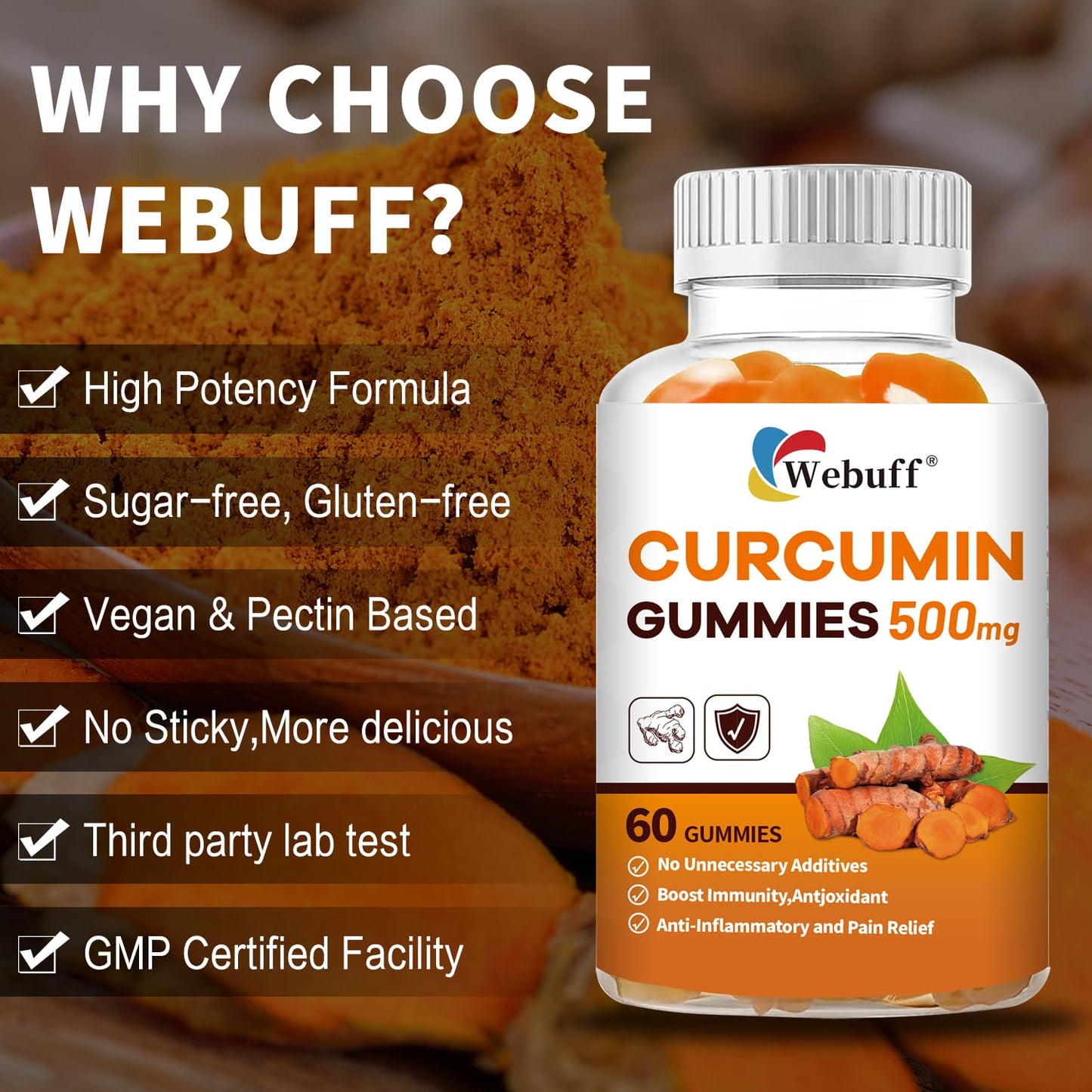 Webuff Turmeric Curcumin Gummies with Black Pepper & Ginger 60 Gummies