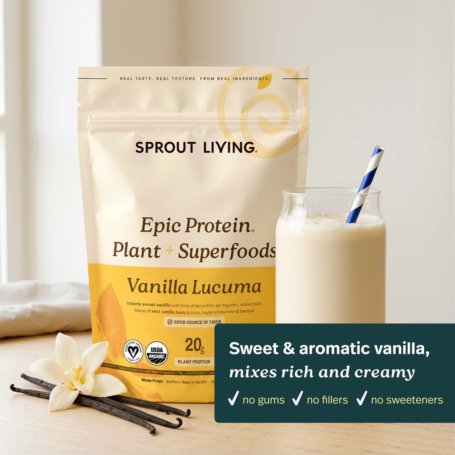 Sprout Living Epic Protein Powder, Plant Based Protein & Superfoods, Vanilla Lucuma, 16 Servings