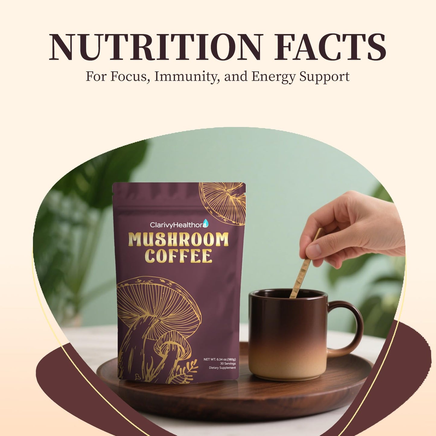 ClarivyHealthora Instant Mushroom Coffee Powder with Lions Mane & Turkey Tail, 6 Adaptogenic Mushrooms, 6.34 oz