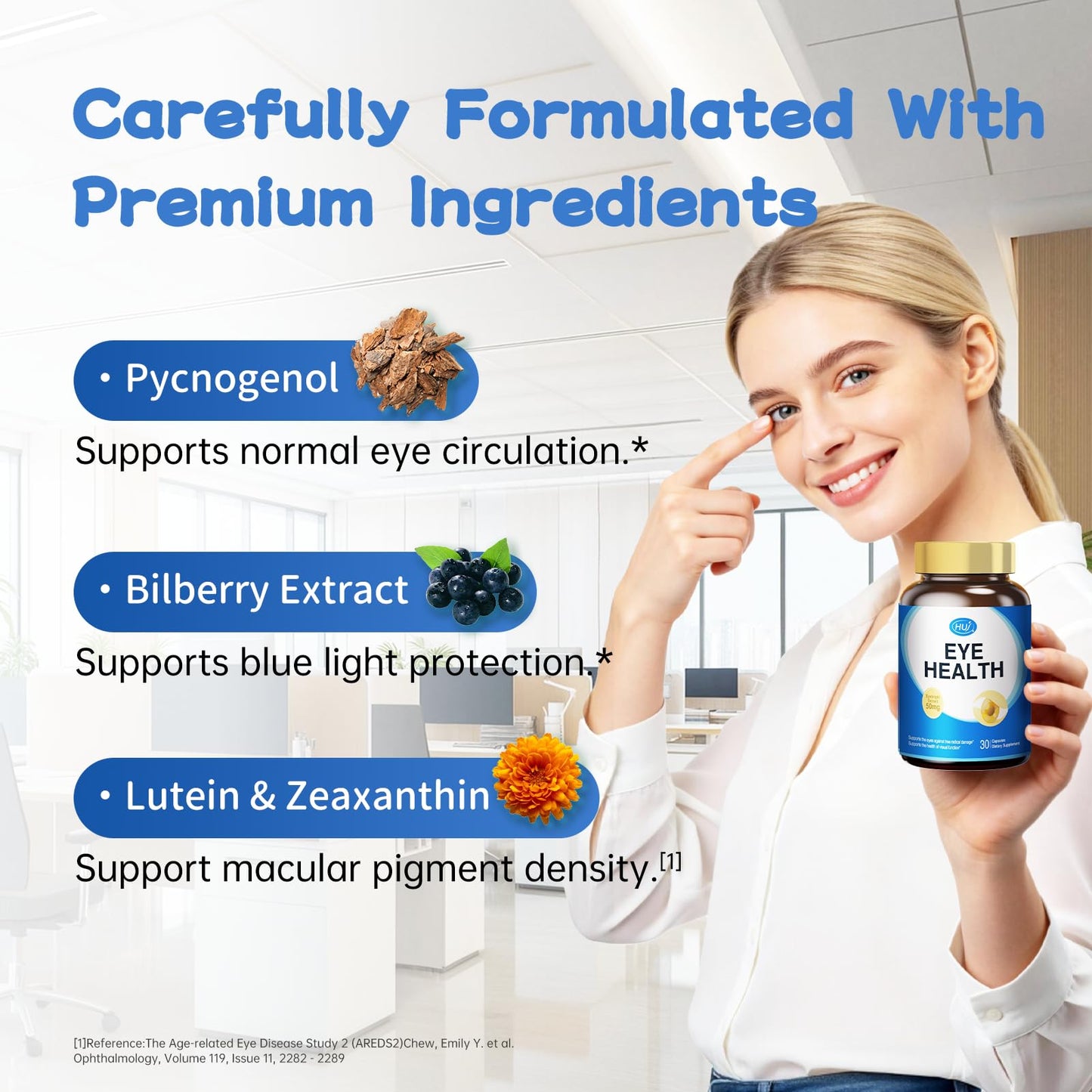 HUJ Eye Health Eye Supplement Capsules with Pycnogenol, Bilberry & Lutein - 30 Capsules