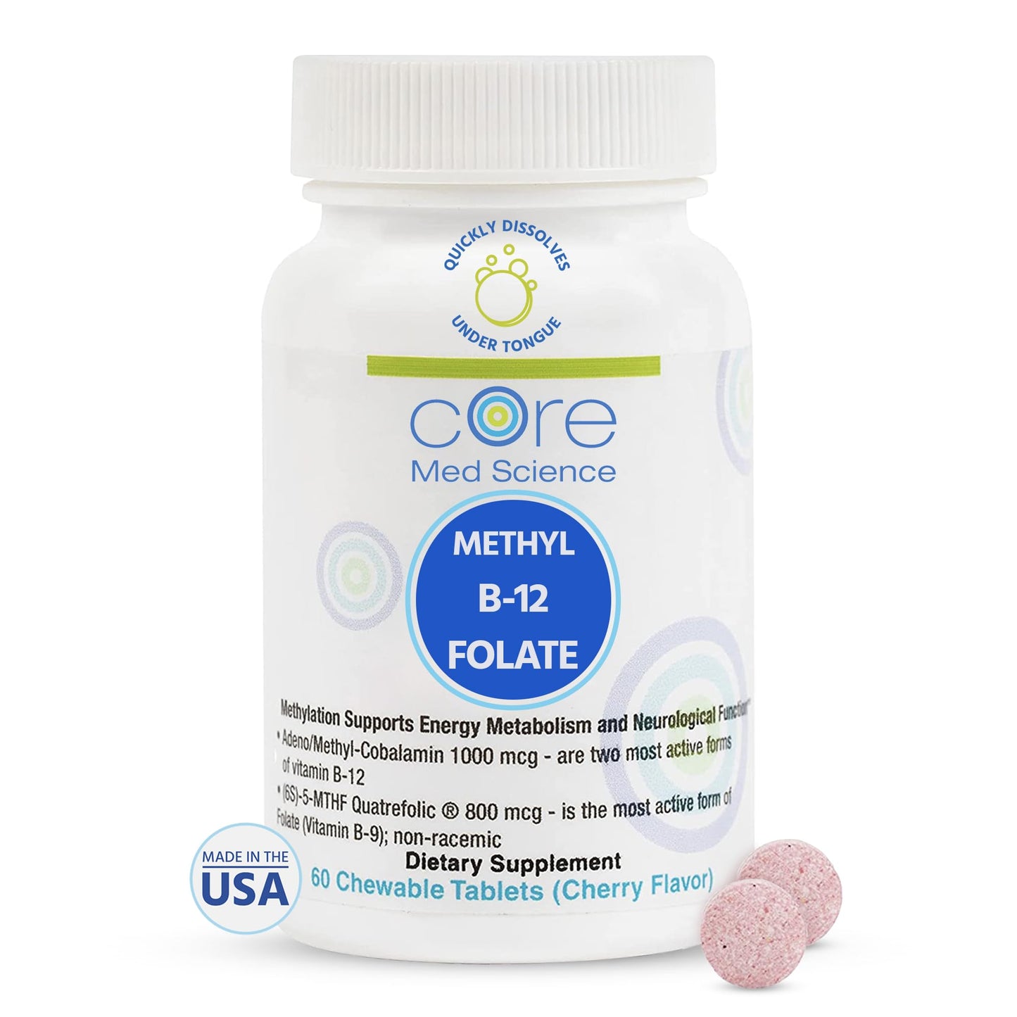 Core Med Science Methyl B12 Folate Supplement for Women & Men Chewable 60 Count