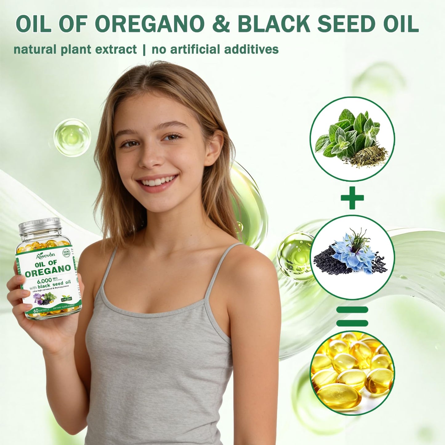 Aiwevon Oil of Oregano with Black Seed Oil, Carvacrol & Thymoquinone Softgels 60 Count