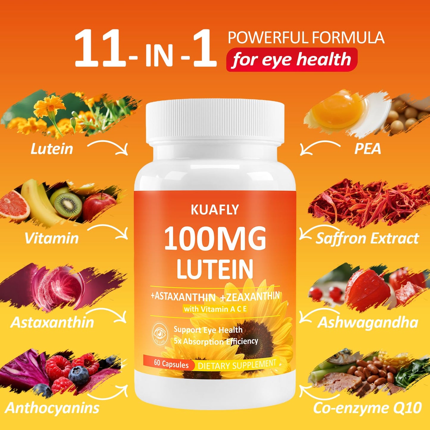 KUAFLY Lutein and Zeaxanthin with Astaxanthin Eye Vitamins 50mg Capsules, 60 Count