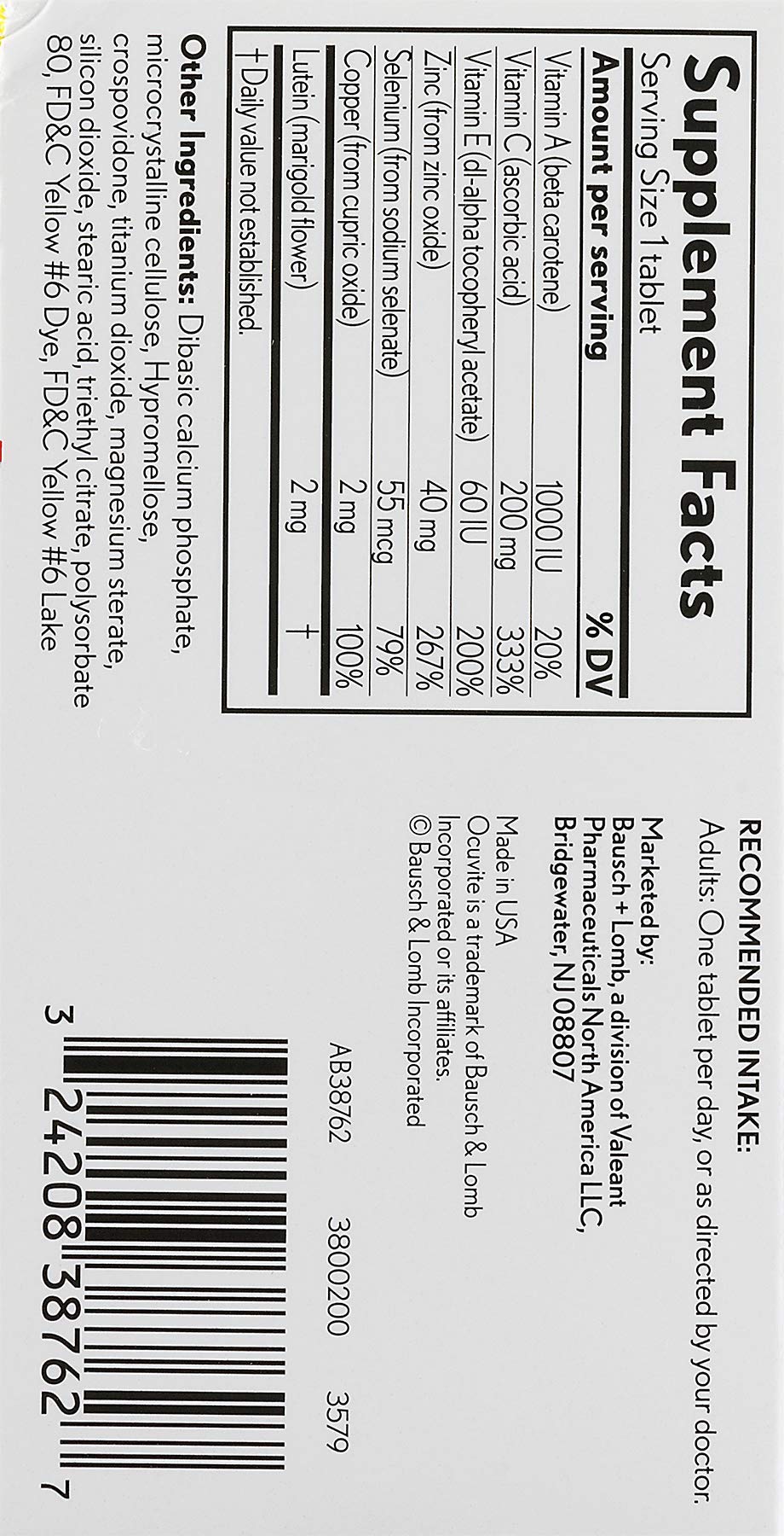 Bausch + Lomb Ocuvite Vitamin and Mineral Supplement for Eyes with Lutein Tablets, 240 Tablets