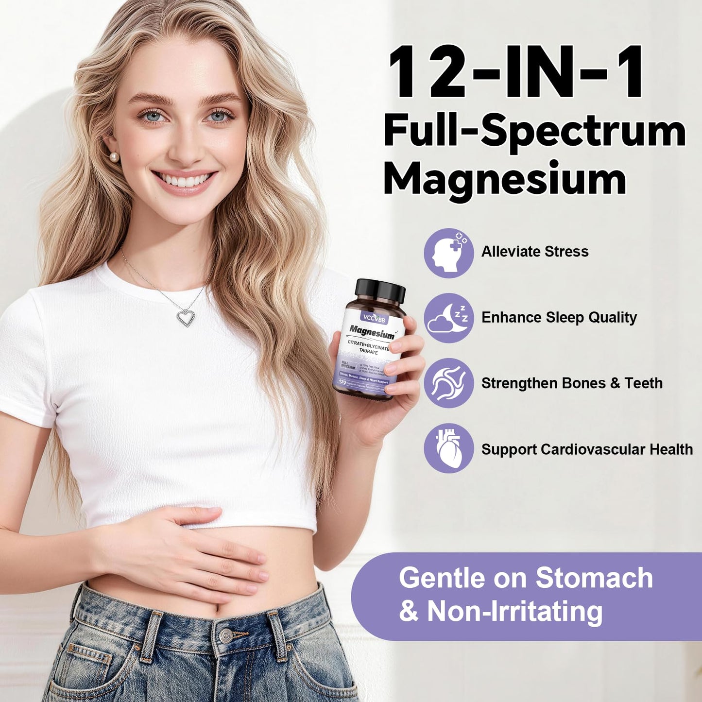 VCCVBB Magnesium Glycinate 500mg Elemental Magnesium Supplement Capsule, 120 Capsules
