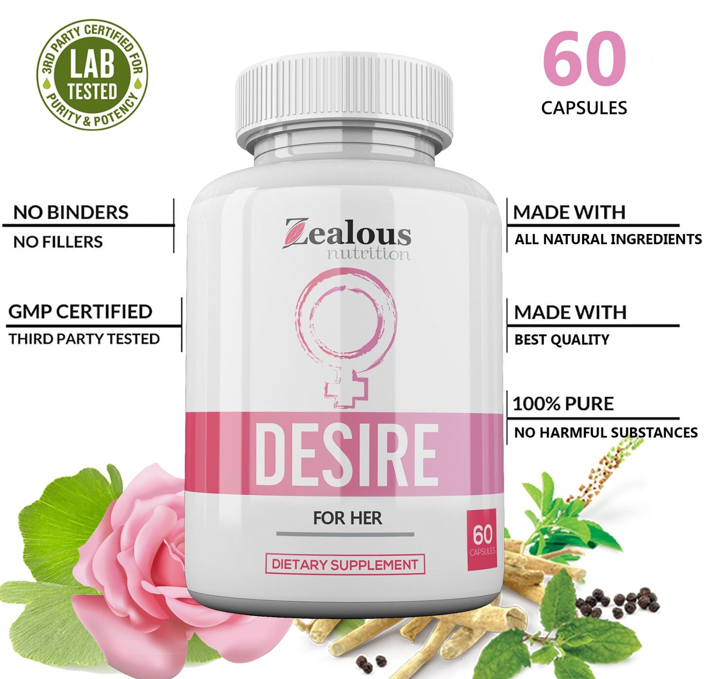 Zealous Nutrition Desire Female Drive Enhancement Pills for Women – Libido Support Supplement – Passion, Excitement & Sensitivity Support - Energy & Vitality Formula - Daily Female Wellness Capsules, 60 Capsules
