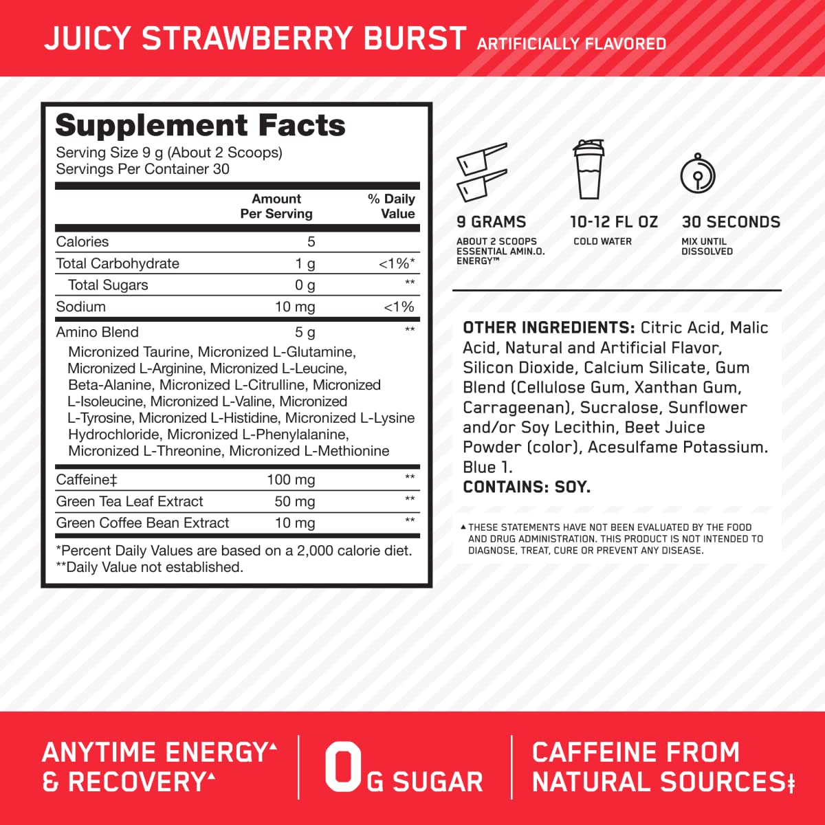 Optimum Nutrition Amino Energy Powder Juicy Strawberry Burst 9.5 Ounce